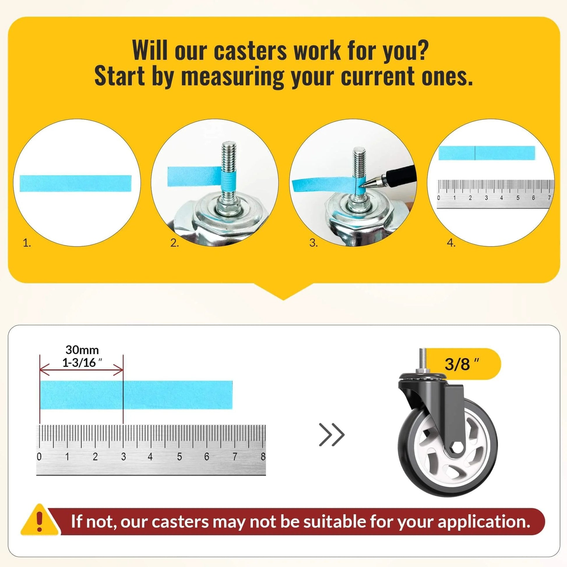 Measurement guide for 5 Inch Caster Wheels No Brake Stem Casters Set of 4 Heavy Duty Swivel Castors with 3/8 Inch 16 x 1 Threaded Stem.