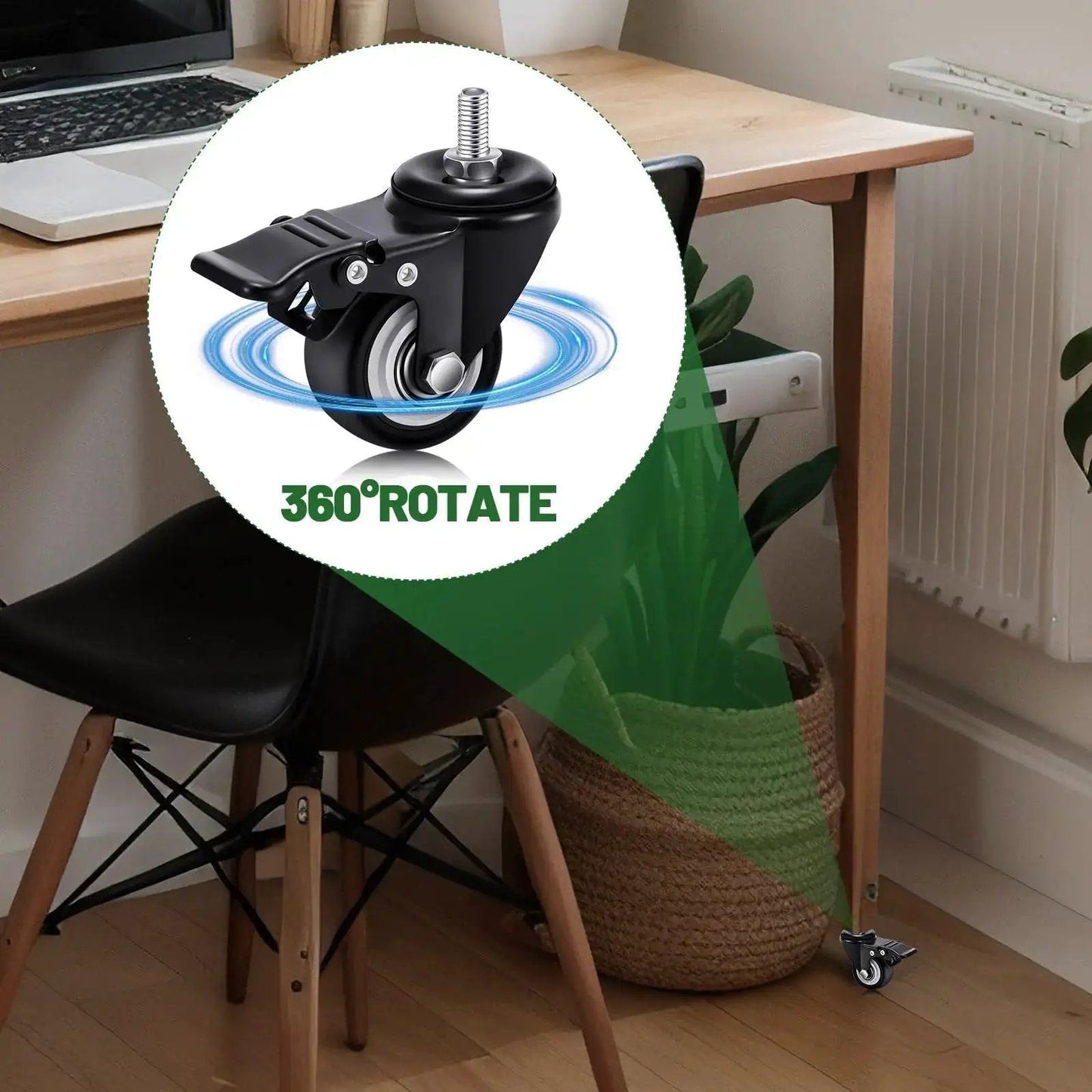 Set Of 8 M8 Caster Wheels 2 Inch Swivel Threaded Stem With Dual Brake Heavy Duty 360 Degree Polyurethane installed on desk