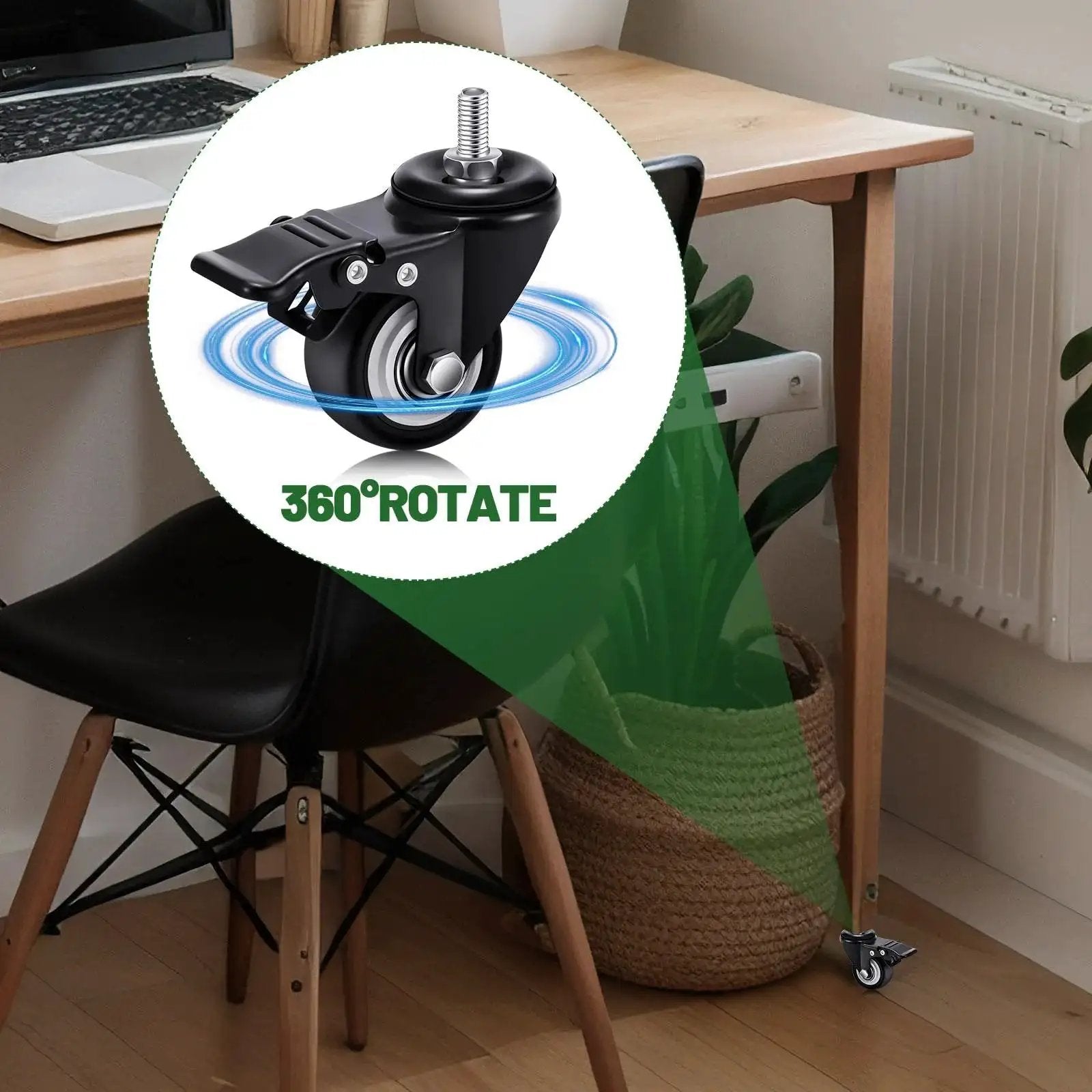 Set Of 8 M8 Caster Wheels 2 Inch Swivel Threaded Stem With Dual Brake Heavy Duty 360 Degree Polyurethane installed on desk