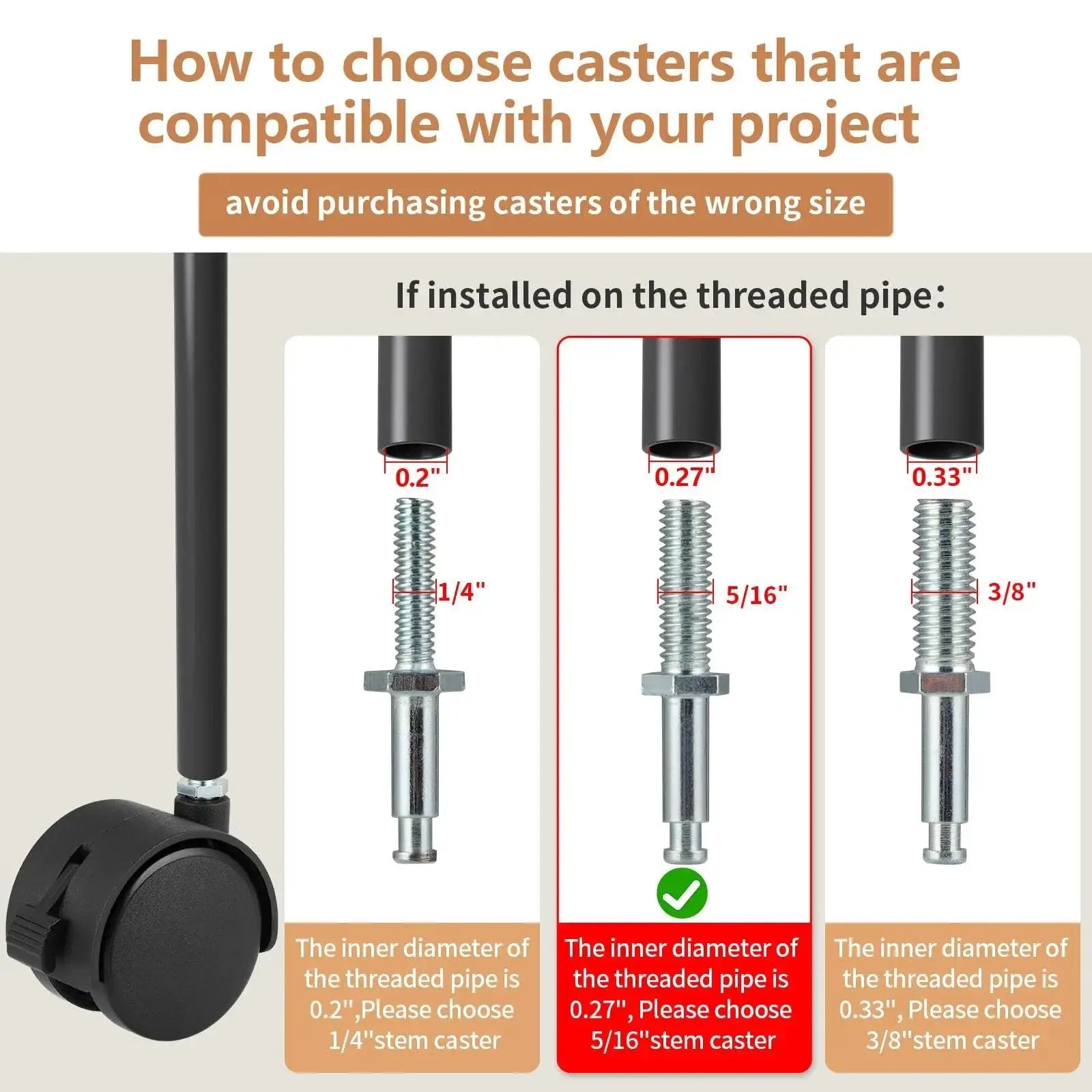 Diagram showing installation guide for 2 Inch Nylon Caster Wheels With Brake, 5/16-18 Threaded Stem UNC Coarse Thread, 4-pack.