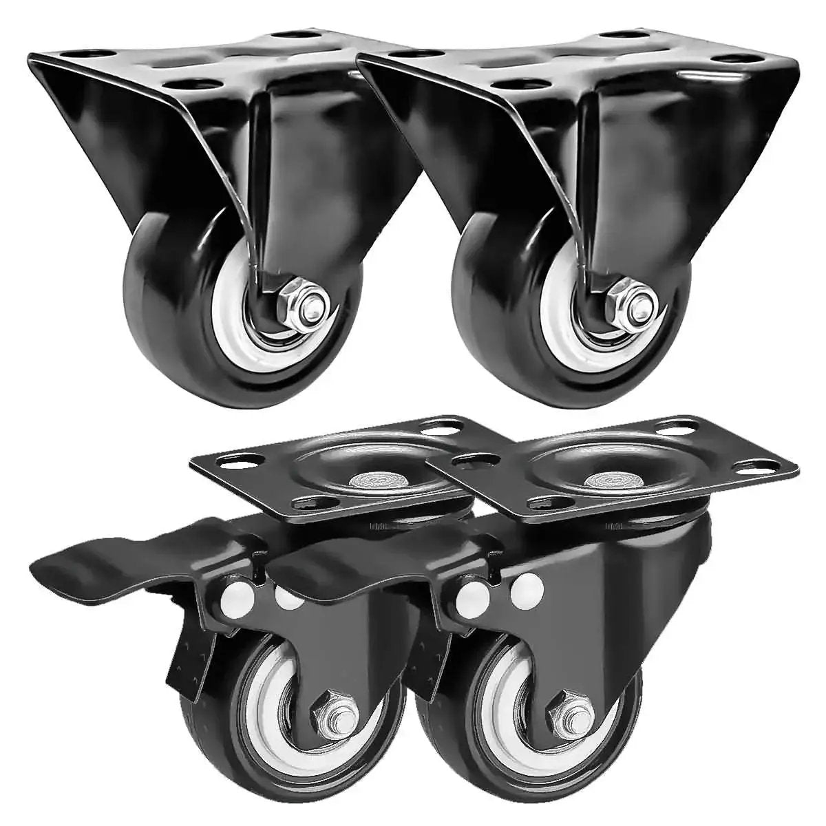 4 Pack 2 Inch Caster Wheels With Dual Locking Brakes 2 Rigid Non Swivel Fixed And 2 Swivel With Brakes All Black Polyurethane Non Marking Quiet Operation 150 Lb Per Wheel Designed For Use On Carts Tables And Benches With Smooth Rolling And Low Noise