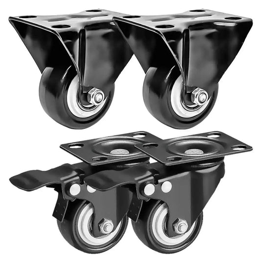 4 Pack 2 Inch Caster Wheels With Dual Locking Brakes 2 Rigid Non Swivel Fixed And 2 Swivel With Brakes All Black Polyurethane Non Marking Quiet Operation 150 Lb Per Wheel Designed For Use On Carts Tables And Benches With Smooth Rolling And Low Noise