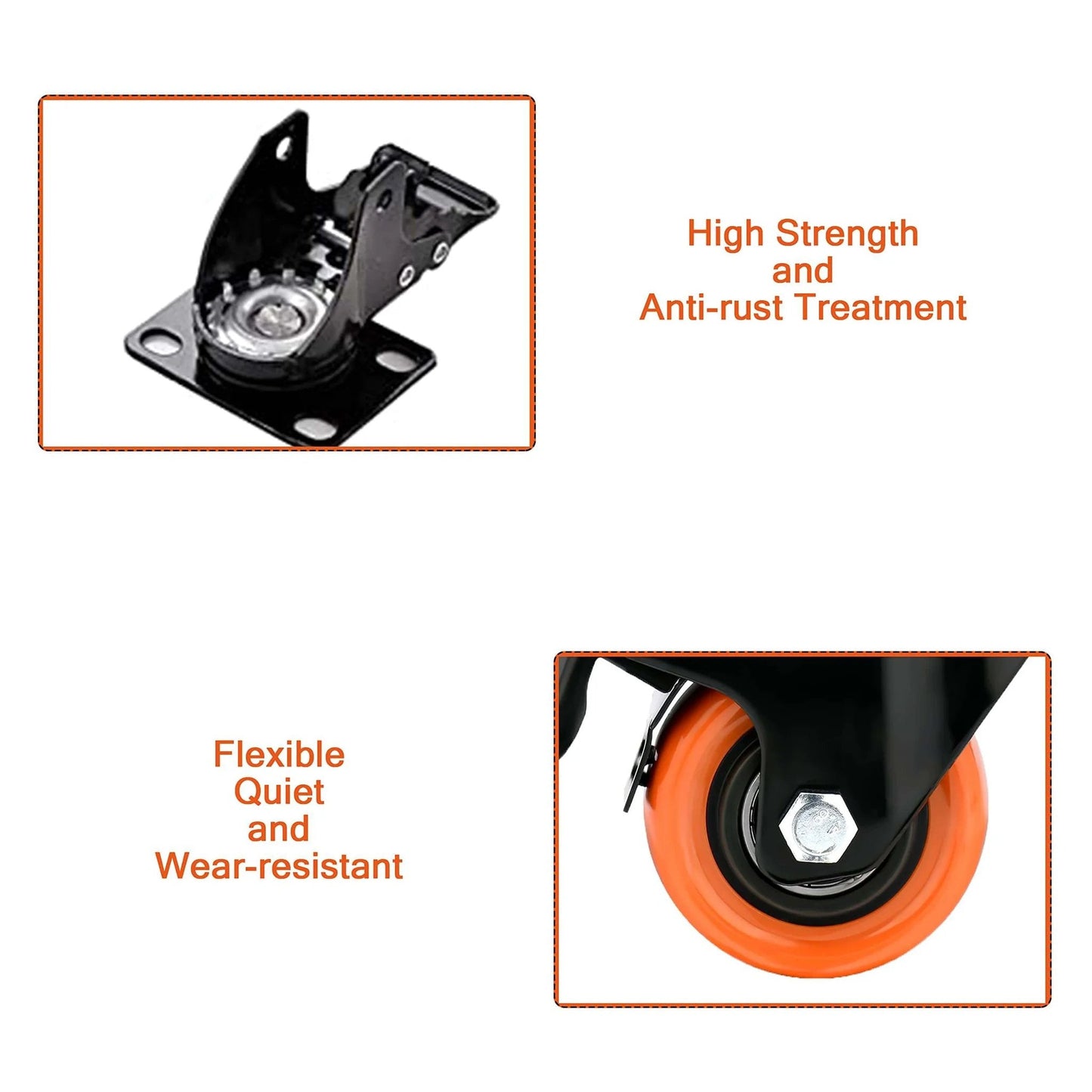 2 inch heavy duty caster wheels set of 4 with locking brakes orange polyurethane top plate swivel casters rated 600 lb