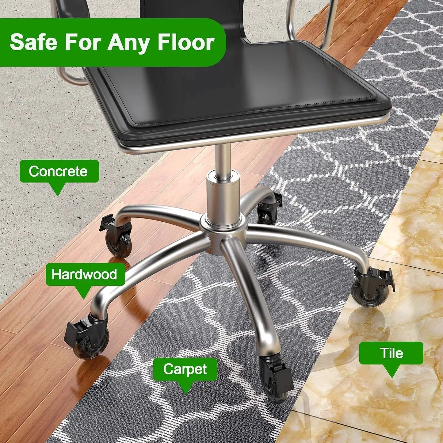 Chair with Five Pack 3 Inch Caster Wheels With Safety Dual Locking Brakes on hardwood, carpet, concrete, tile floor