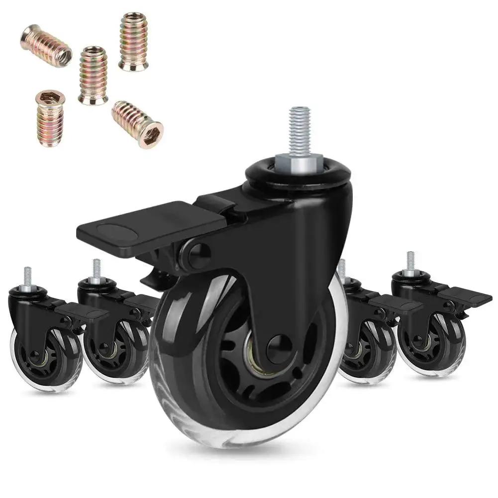 5 Pack 3 Inch Heavy Duty Caster With Brake 5 Sixteenth Inch 18 UNC Threaded Stem Rubber Locking Wheel For Office Chairs And Furniture With Easy Lock And Safe Stop Includes Thread Inserts