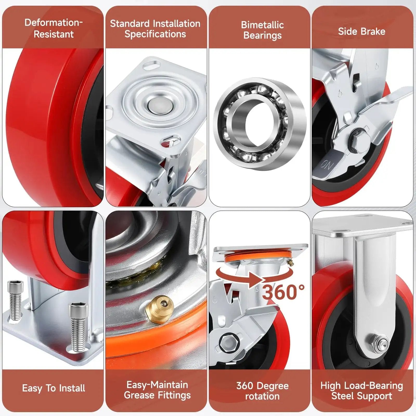 6 Inch Industrial Heavy Duty Caster Wheels Set of 4 with polyurethane surface TPE casters showing side brake and steel support