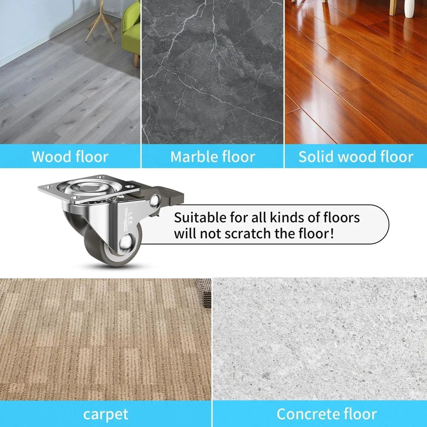 "One Inch Low Profile Caster Wheels For Furniture Set Of 4 With Soft Rubber Swivel Casters And Locking Top Plate, 110 Lbs Load Capacity, Includes Two With Brake And Two Without, Smooth Rolling displayed on various floor types including wood, marble, solid wood, carpet, and concrete, showcasing floor compatibility."