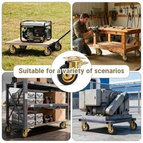 6 Inch Outdoor Heavy Duty Caster Wheels Set of 4 with Brake shown on carts, workbenches, and heavy equipment for various uses
