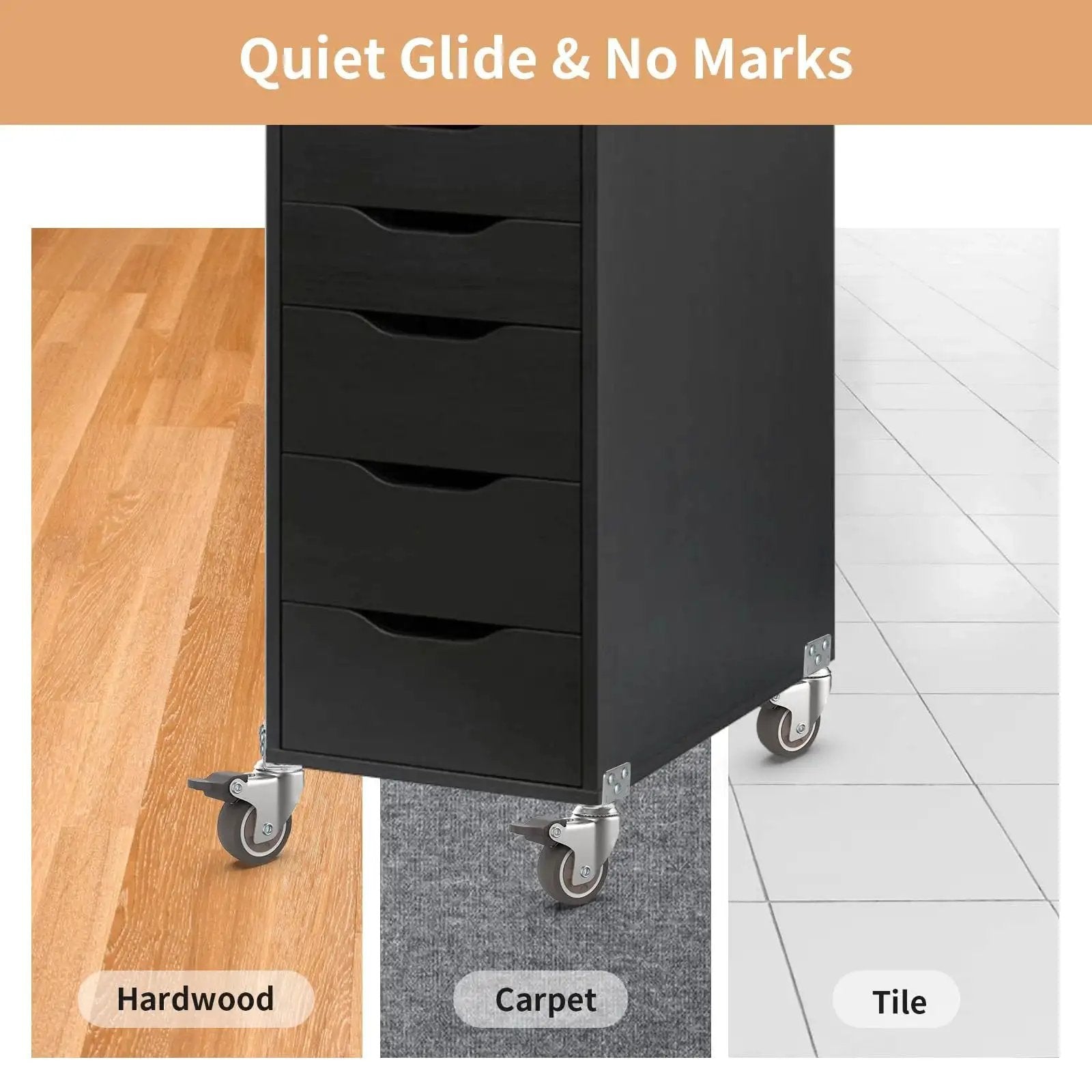 Black cabinet with 2 Inch L Shaped Swivel Plate Casters With Brakes, TPR Silent Furniture Wheels, suitable for various floors.