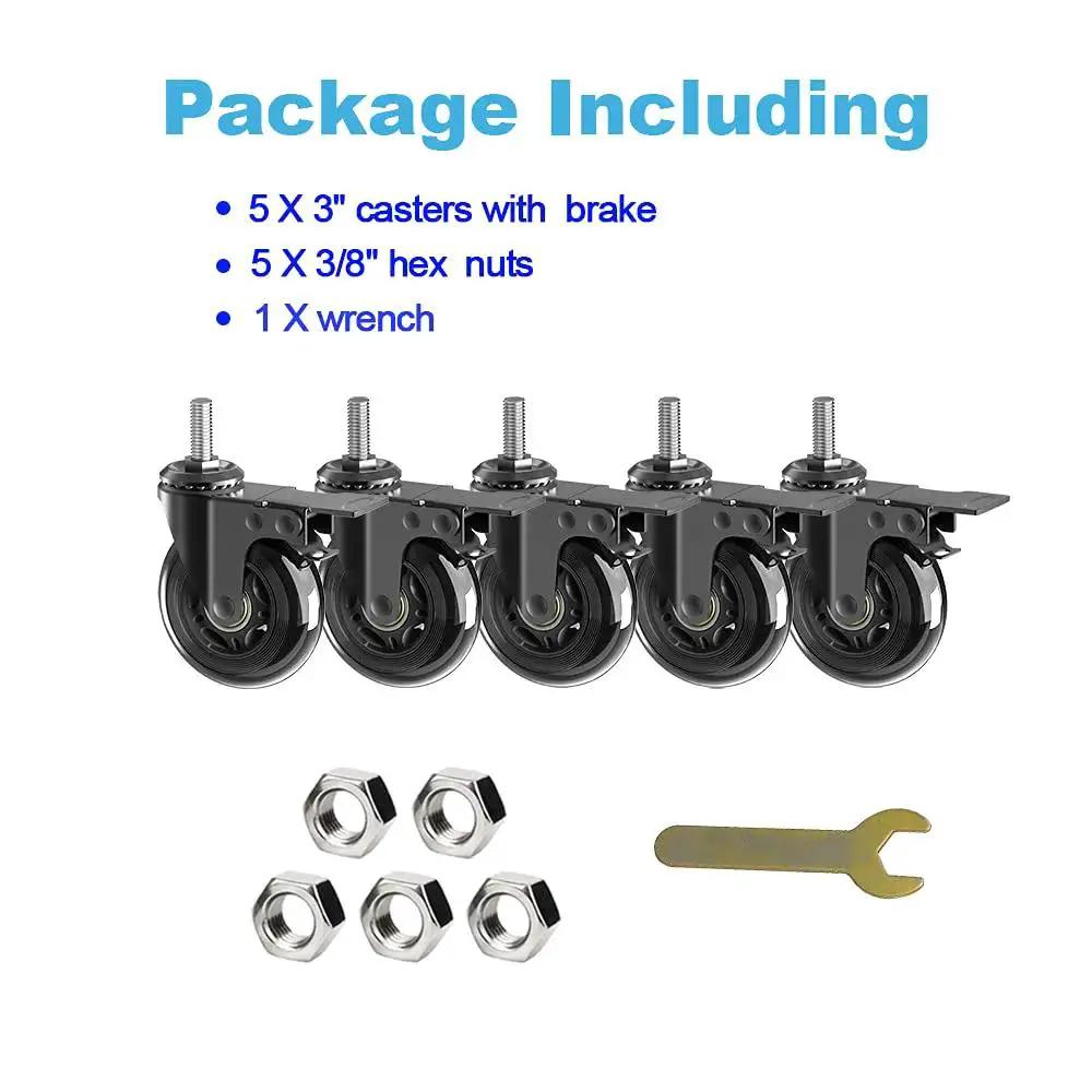 Five Pack 3 Inch Caster Wheels With Safety Dual Locking Brakes Heavy Duty Rubber Castors On 360 Degree Swivel Threaded Stem Mount