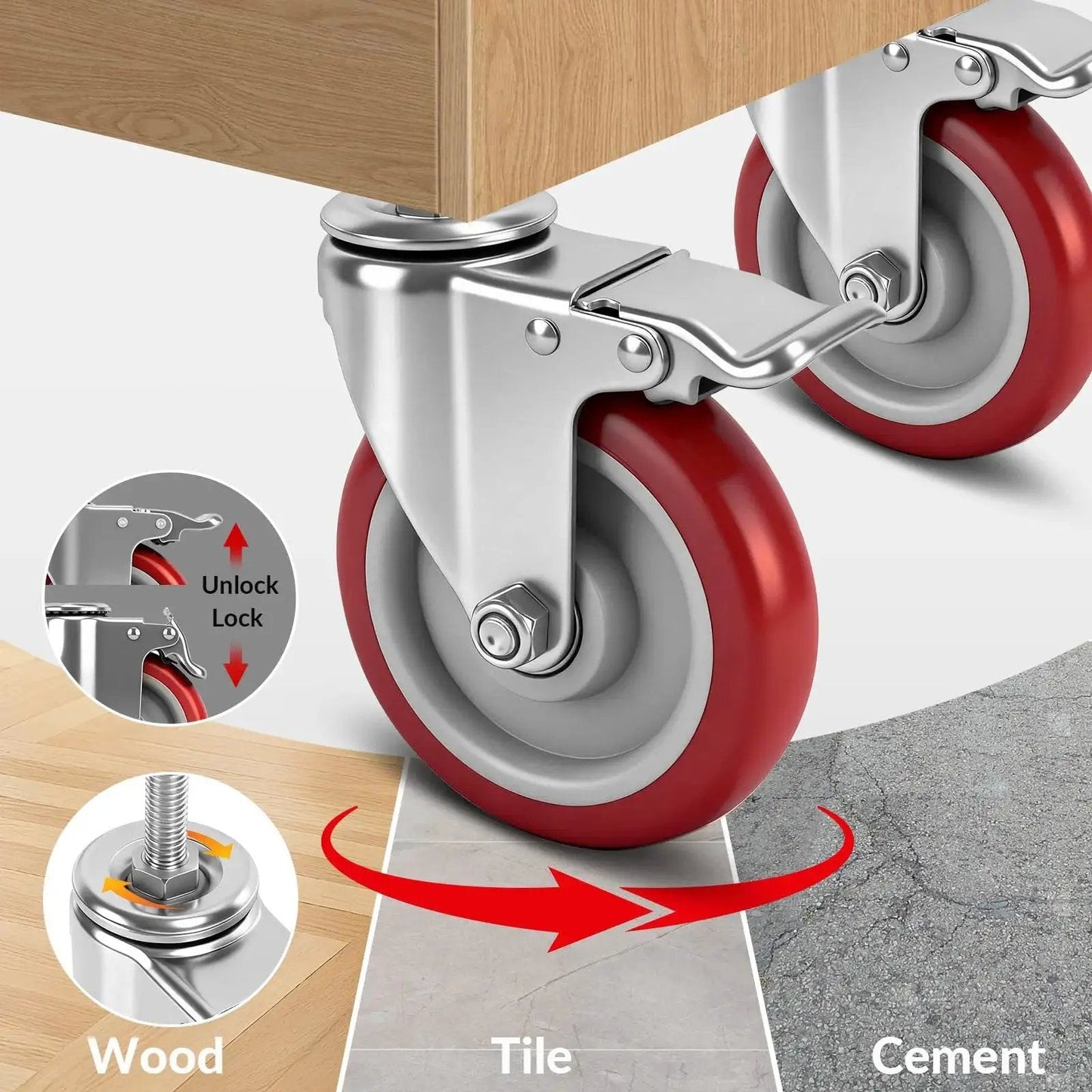 Five Inch Locking Swivel Caster Wheels Set Of Four With One Half Inch By Thirteen Threaded Stem And One And One Half Inch Length Heavy Duty Industrial Castors For Cart Furniture And Workbench Quiet Polyurethane Wheels With Brake Locks And Floor Protection