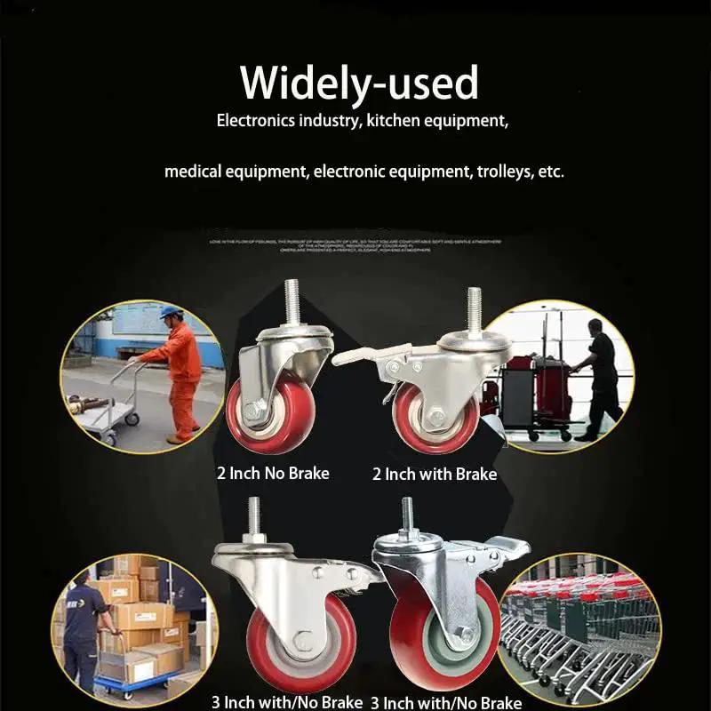 Heavy Duty Stem Caster Wheels With PU Castors For Quiet Smooth Operation No Noise 360 Degree Swivel Dual Locking Brakes M8-1.25x25mm Stem 3 Inch Casters Pack Of 4 Ideal For Furniture Tools Equipment shown in various uses.