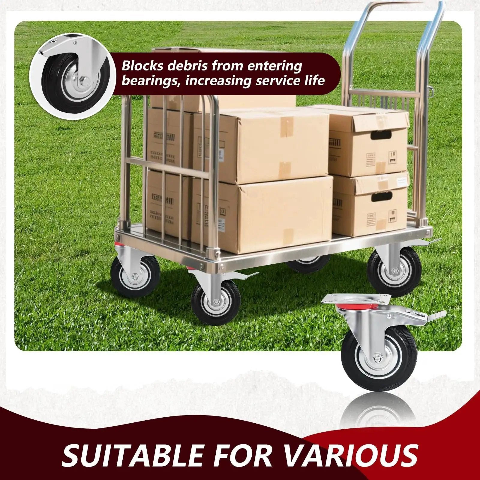 5 Inch Heavy Duty Caster Wheels Set Of 4 With Brakes on metal cart with boxes on grass