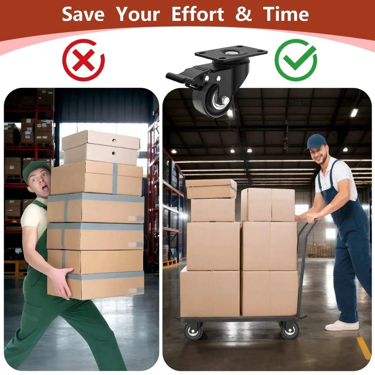 Two Inch Heavy Duty Caster Wheels Set Of Four With Brakes Locking Industrial Swivel Top Plate Casters For Furniture Workbenches And Carts Total Load 800 Lbs With 200 Lbs Per Wheel Quiet Smooth Rolling And Easy Mobility With Two Hardware Kits Included shown installed on a cart in a warehouse.