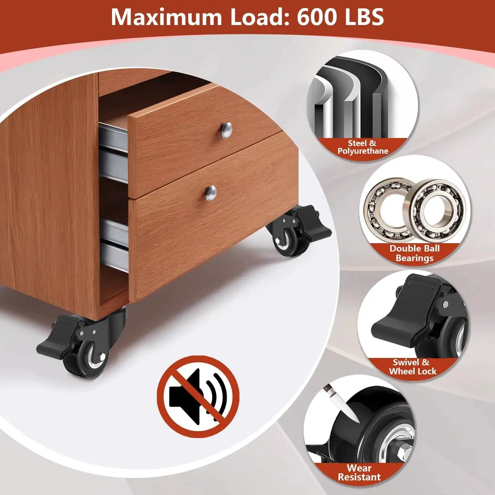Close-up of Two Inch Heavy Duty Caster Wheels Set Of Four With Brakes Locking Industrial Swivel Top Plate Casters for furniture