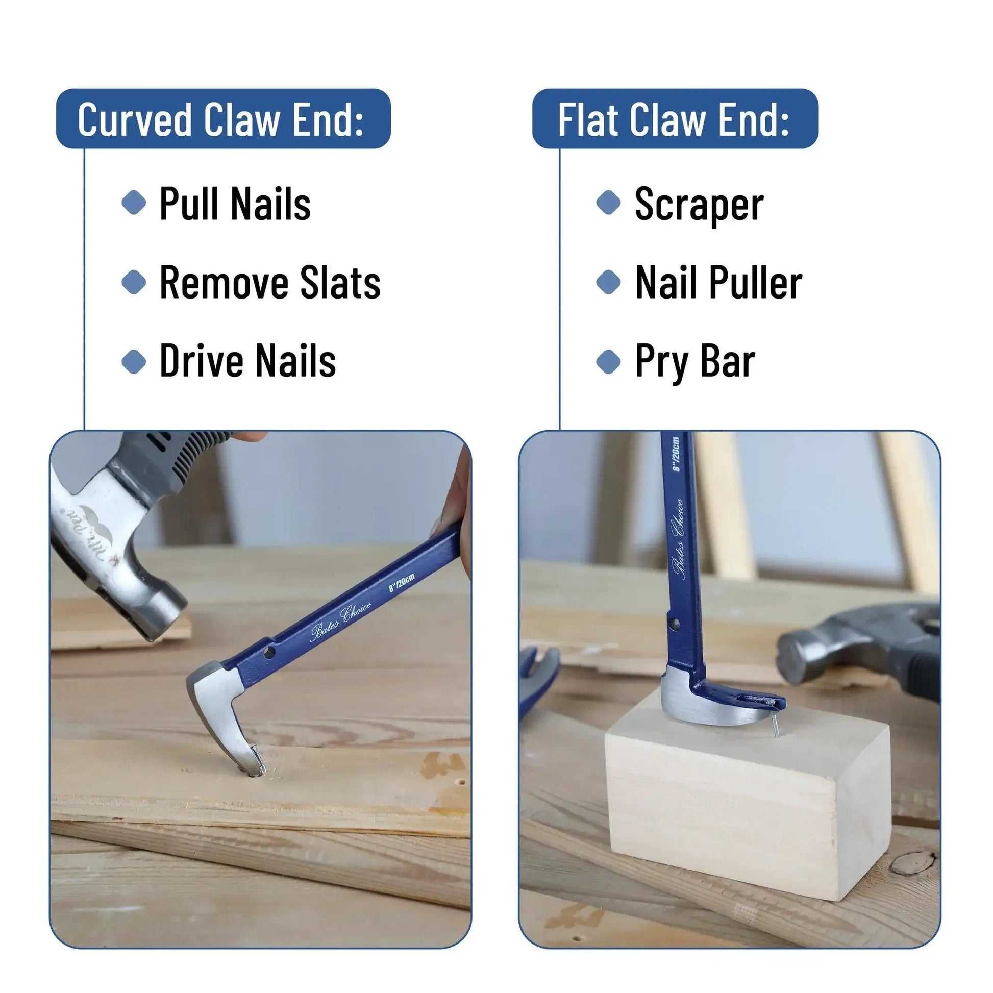 Two durable cat's paw nail pullers deliver strong leverage for removing nails, tacks, staples; close-up of curved and flat claw ends.