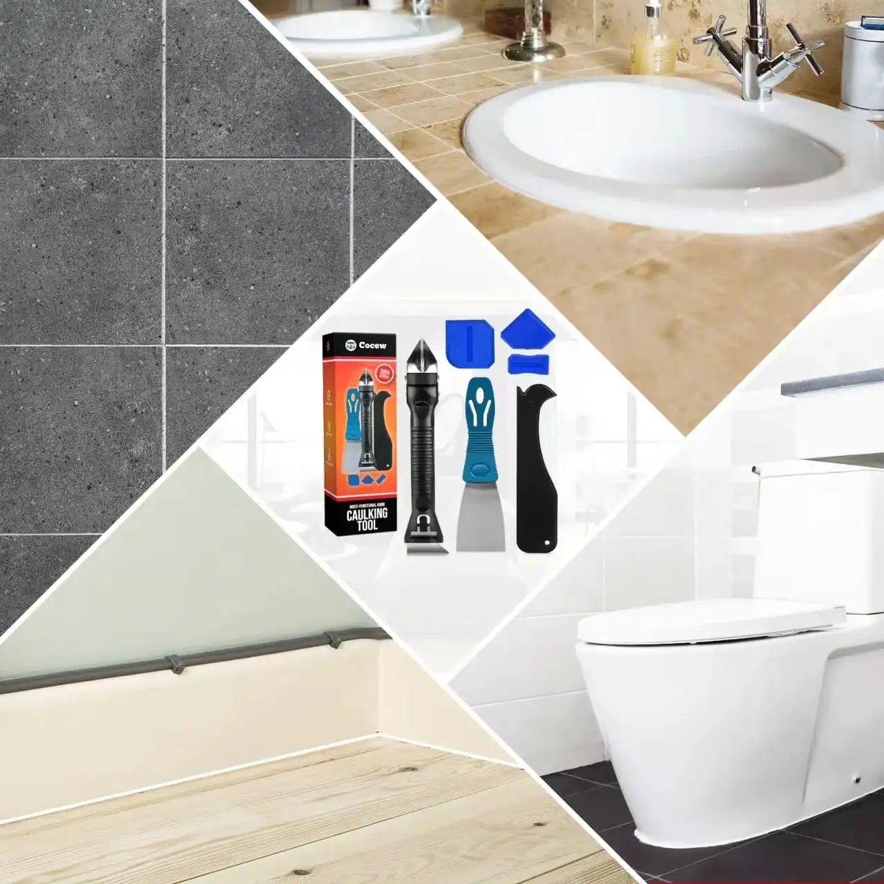 Caulking Tool Kit With Caulk Remover, Putty Knife Scrapers And Grout Removal Set Featuring 3 Glass Glue Corner Scrapers in kitchen and bathroom settings.