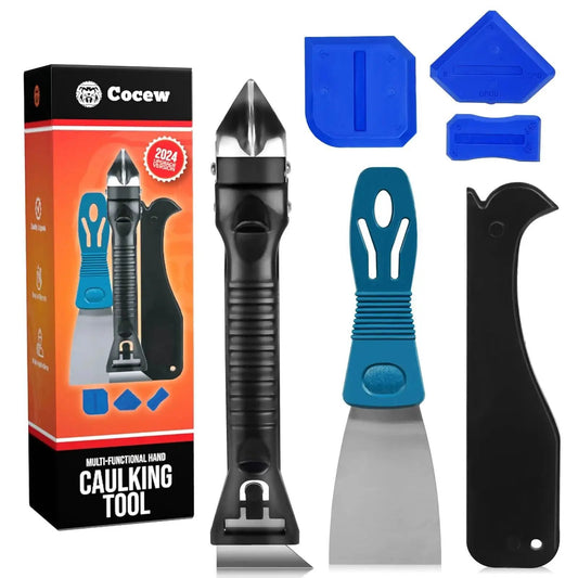 Caulking Tool Kit With Caulk Remover, Putty Knife Scrapers And Grout Removal Set Featuring 3 Glass Glue Corner Scrapers displayed