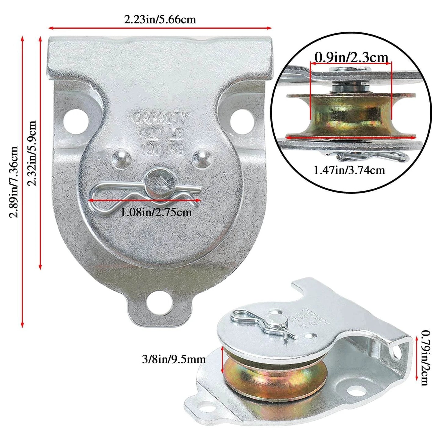 Ceiling Mount Single Pulley 1-1/2 Inch Wall Mount Pulley Ceiling Pulley for 3/8" Wire or Rope, Pack of 6, shown with dimensions and zinc-plated iron