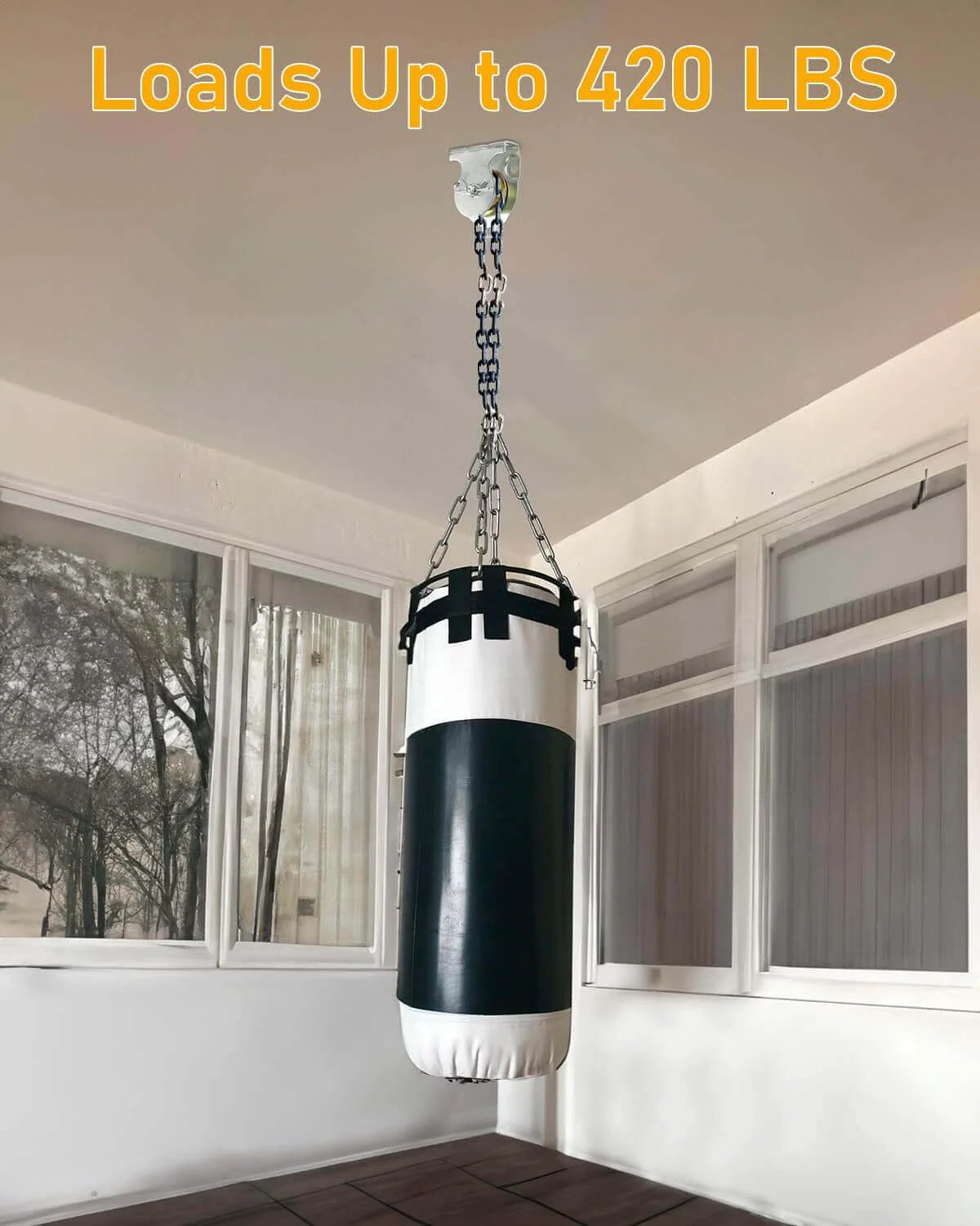 Boxing bag hanging from 12 Pcs Wall Mount Pulley, 1-1/2" Ceiling Mount Pulley Fit 3/8" Wire Rope, Zinc Plated Rip