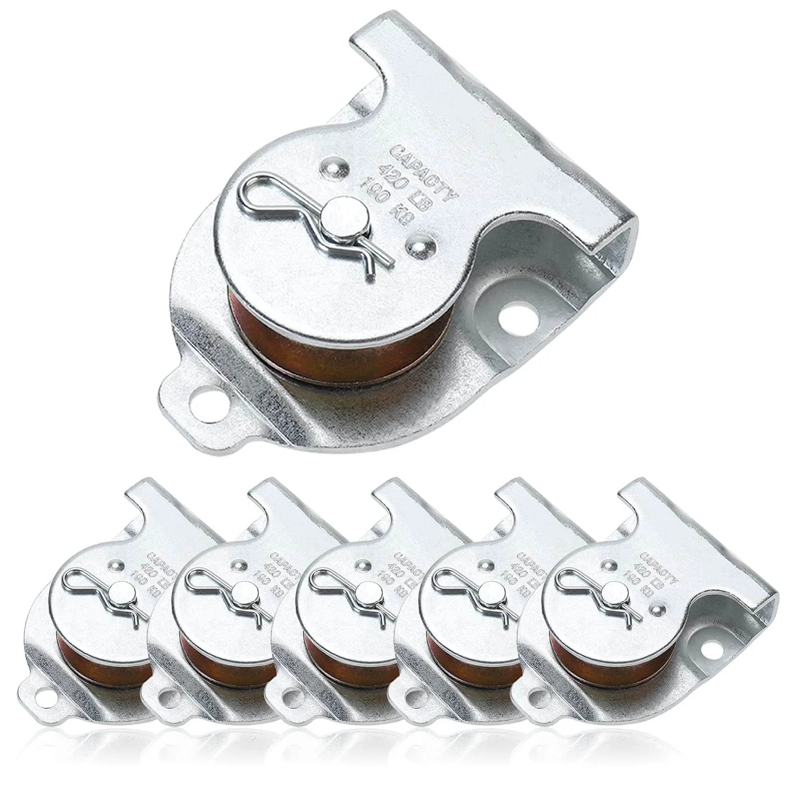 Ceiling Mount Single Pulley 1-1/2 Inch Wall Mount Pulley Ceiling Pulley for 3/8" Wire or Rope, Pack of 6 shown in silver with mounting holes