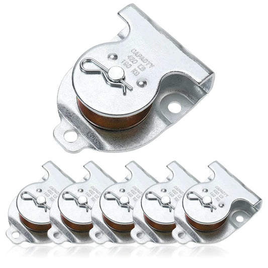 Ceiling Mount Single Pulley 1-1/2 Inch Wall Mount Pulley Ceiling Pulley for 3/8" Wire or Rope, Pack of 6 shown in silver with mounting holes