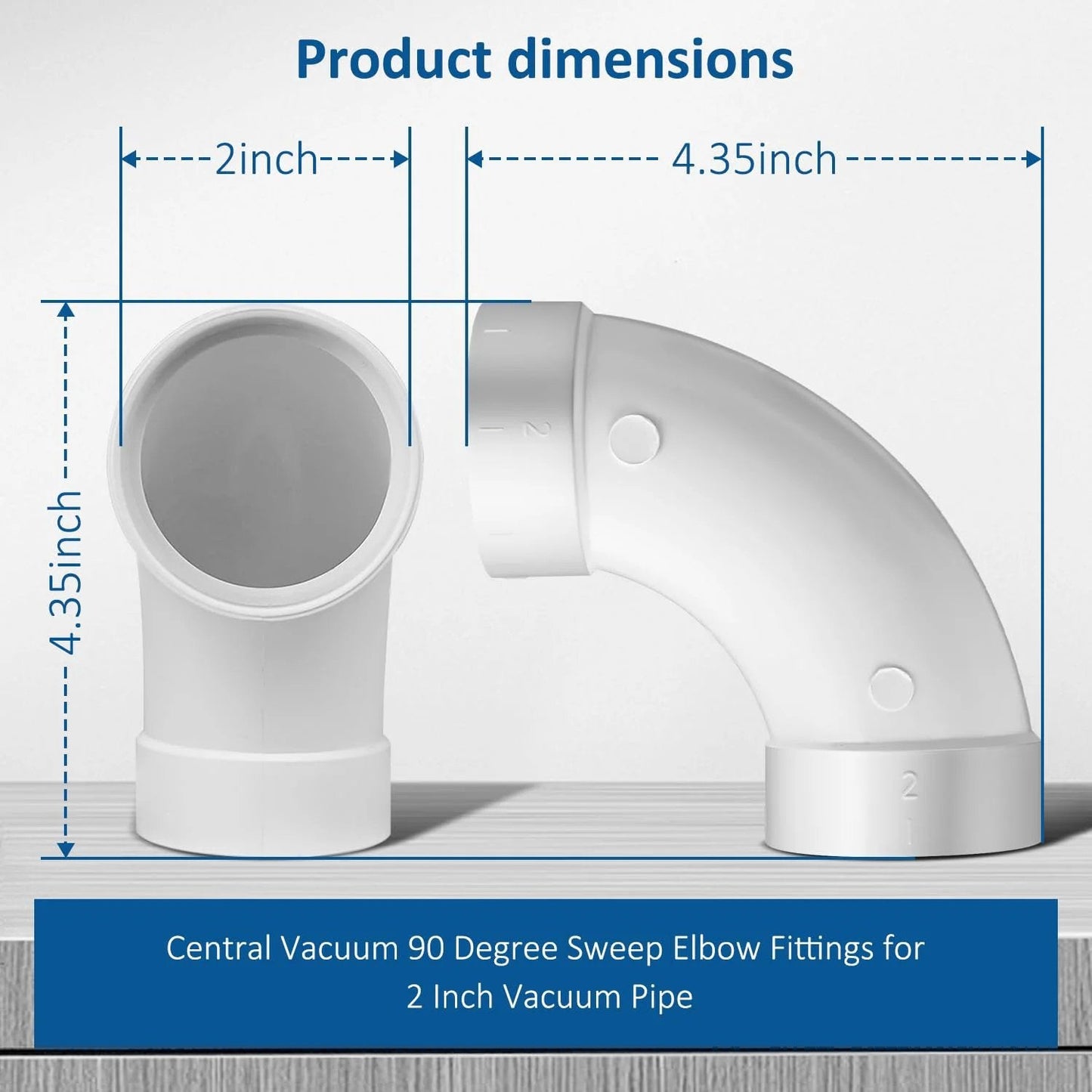 Product dimensions of Three Pack Central Vacuum 90 Degree Elbow Fittings For 2 Inch Pipe, showing elbow design for vacuum pipe.