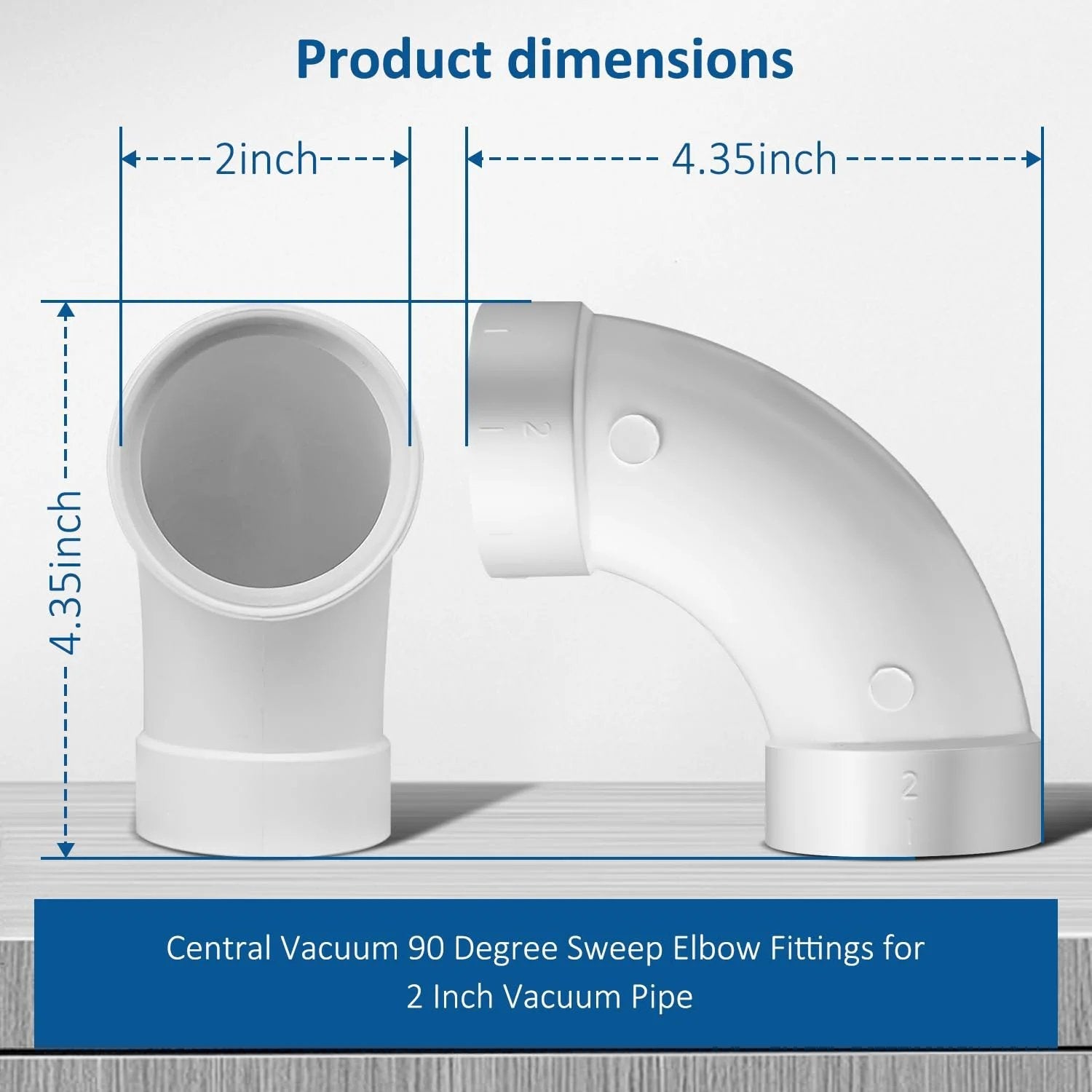 Product dimensions of Three Pack Central Vacuum 90 Degree Elbow Fittings For 2 Inch Pipe, showing elbow design for vacuum pipe.