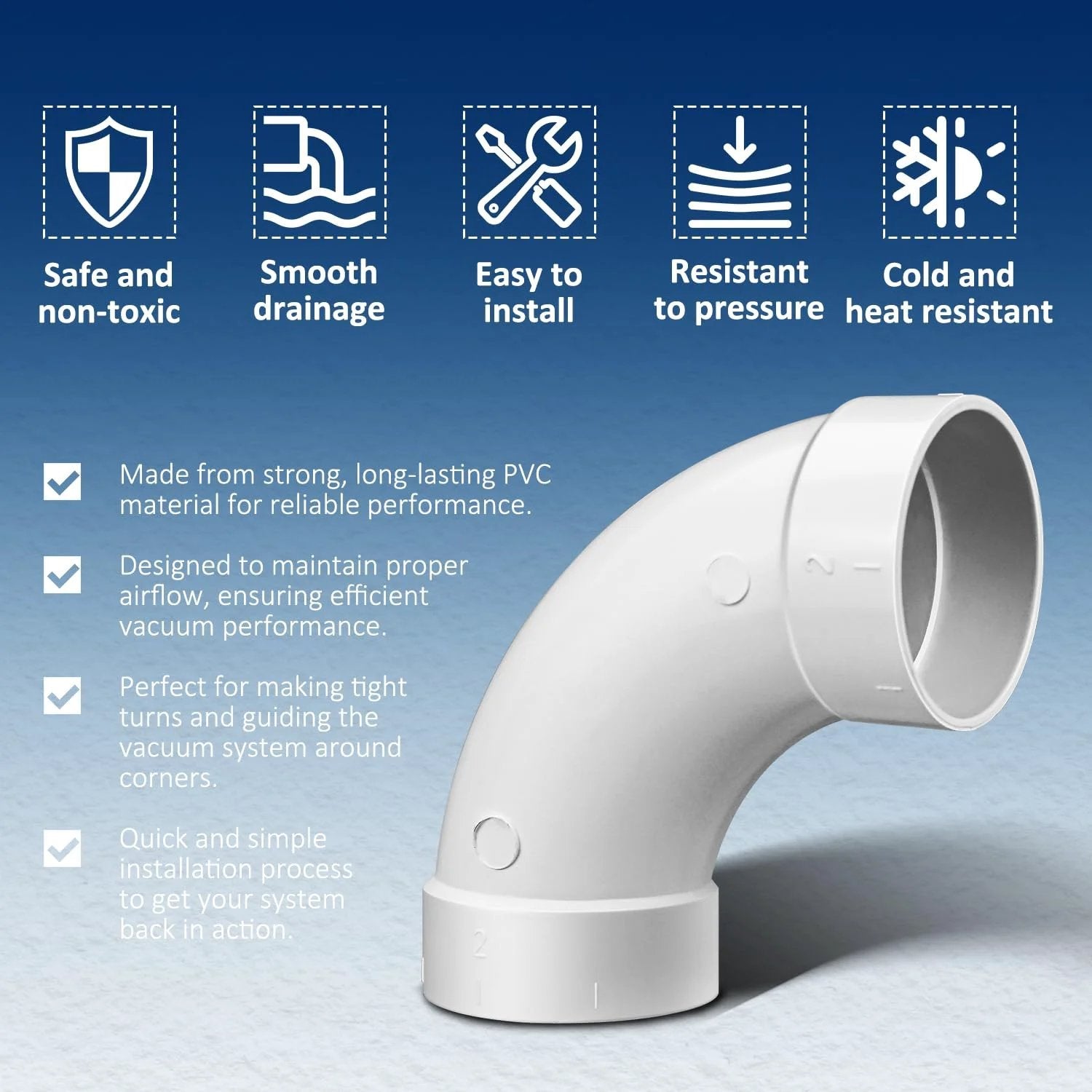 Three Pack Central Vacuum 90 Degree Elbow Fittings For 2 Inch Pipe, durable white PVC elbow coupler with smooth curves.