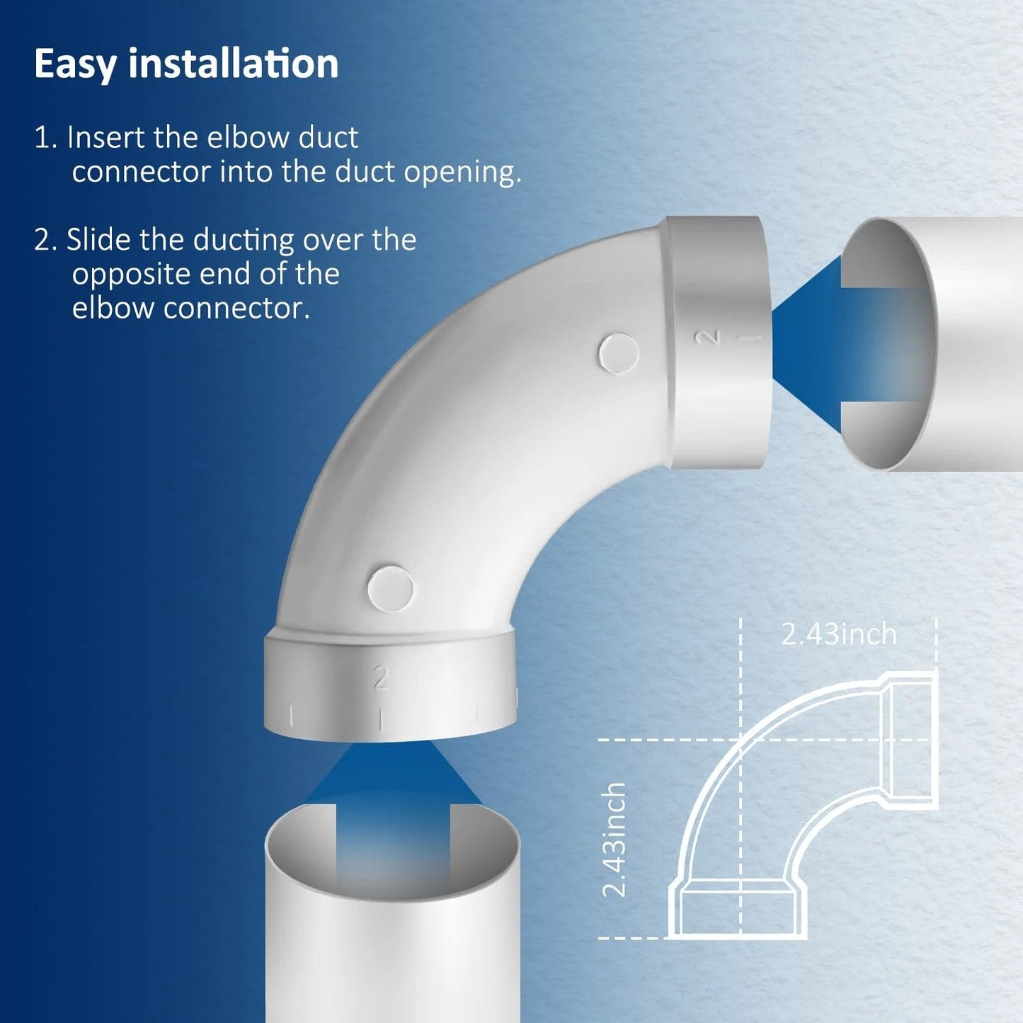 Installation guide for Three Pack Central Vacuum 90 Degree Elbow Fittings for 2 Inch Pipe, showing elbow connector and duct.