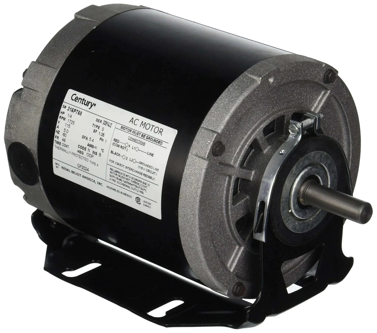 Century GF2024 Resilient Base Split Phase Electric Motor, 115 VAC, 5.4 A, 1/4 hp, 1725 rpm shown from front angle
