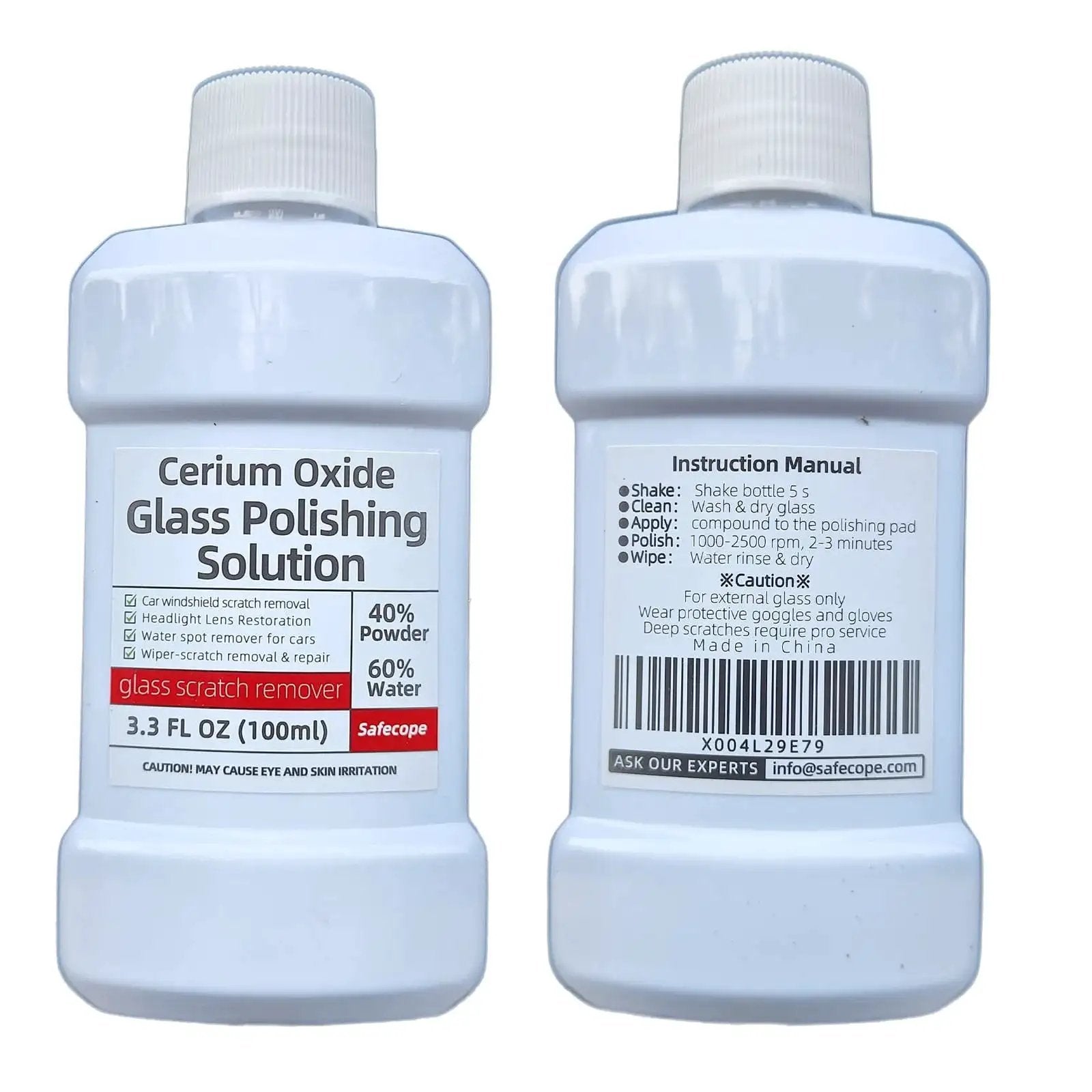 Front and back view of Cerium Oxide Glass Polishing Solution 100 ml bottle with forty percent cerium oxide content.