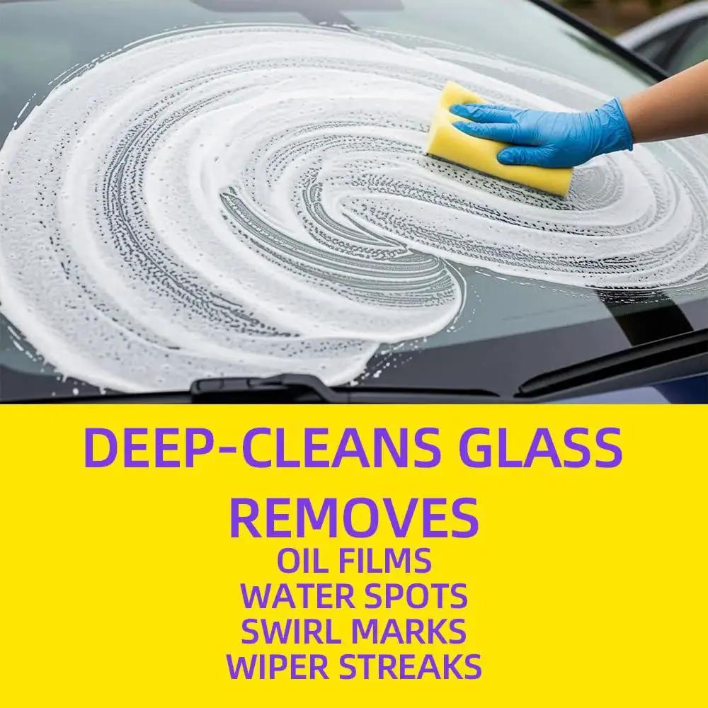 Person cleaning car windshield with sponge using Cerium Oxide Glass Polishing Solution 100 Ml Bottle With Forty Percent Cerium Oxide Fast Cut Water Based Glass Polish Removes Scratches Water Stains And Oxide Films From Glass And Other Hard Surfaces Ideal For Automotive And Home Glass Care.