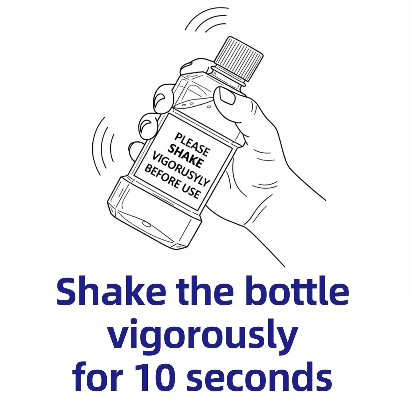 Illustration of a hand holding a bottle with label instructions to shake vigorously before use. Text reads: "Shake the bottle vigorously for 10 seconds."