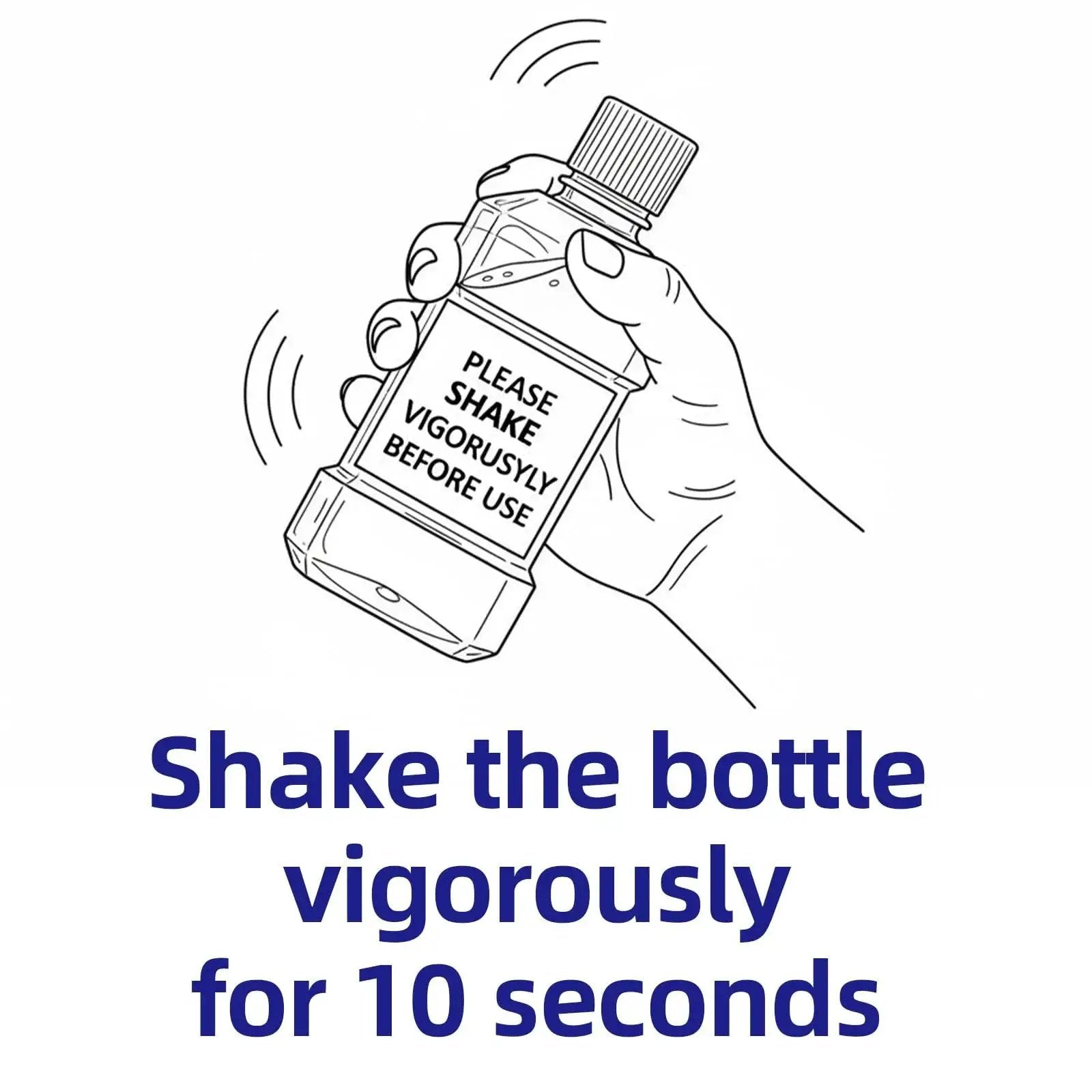 Illustration of a hand holding a bottle with label instructions to shake vigorously before use. Text reads: "Shake the bottle vigorously for 10 seconds."