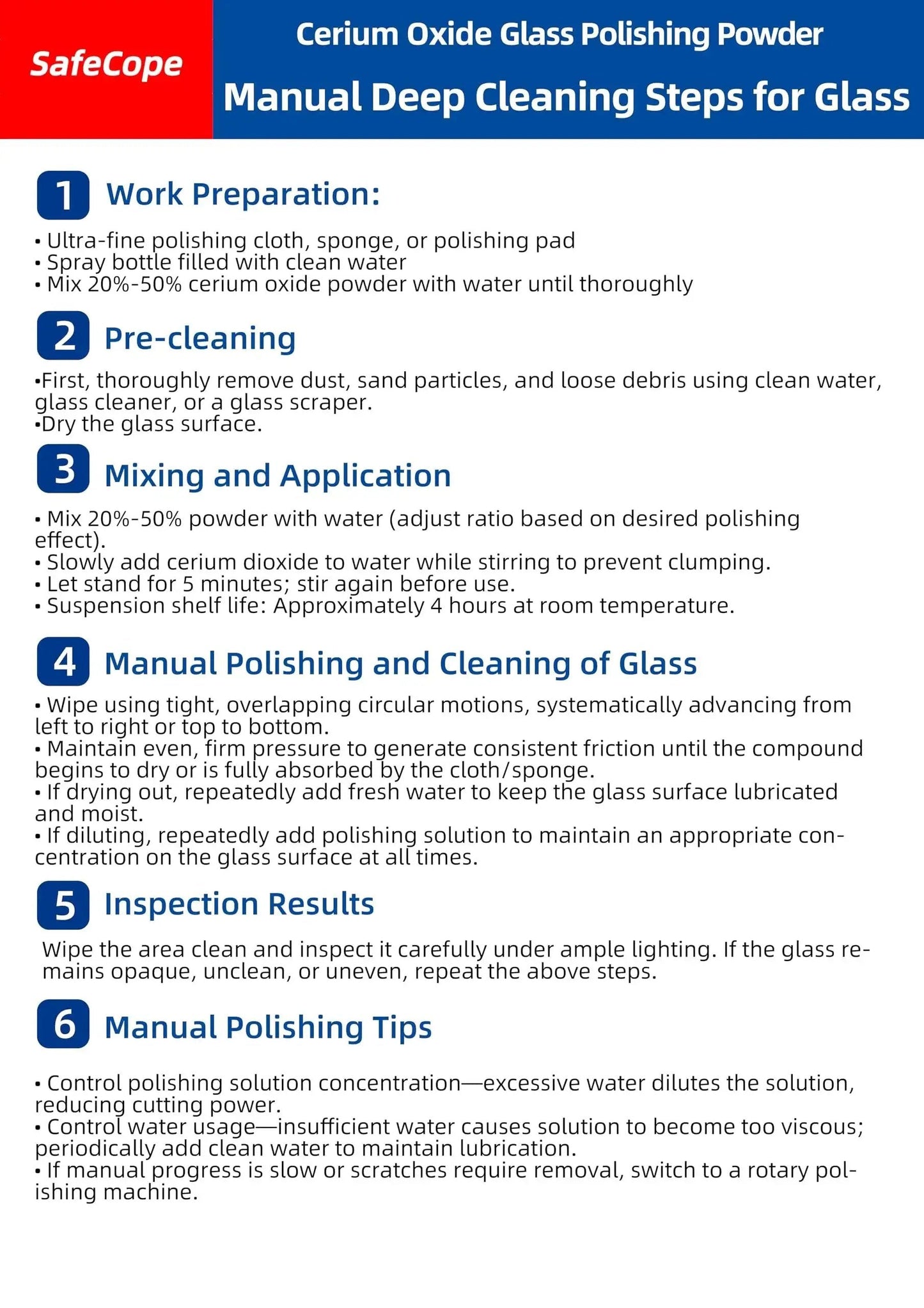 High-purity cerium oxide glass polishing powder instructions for manual deep cleaning steps.
