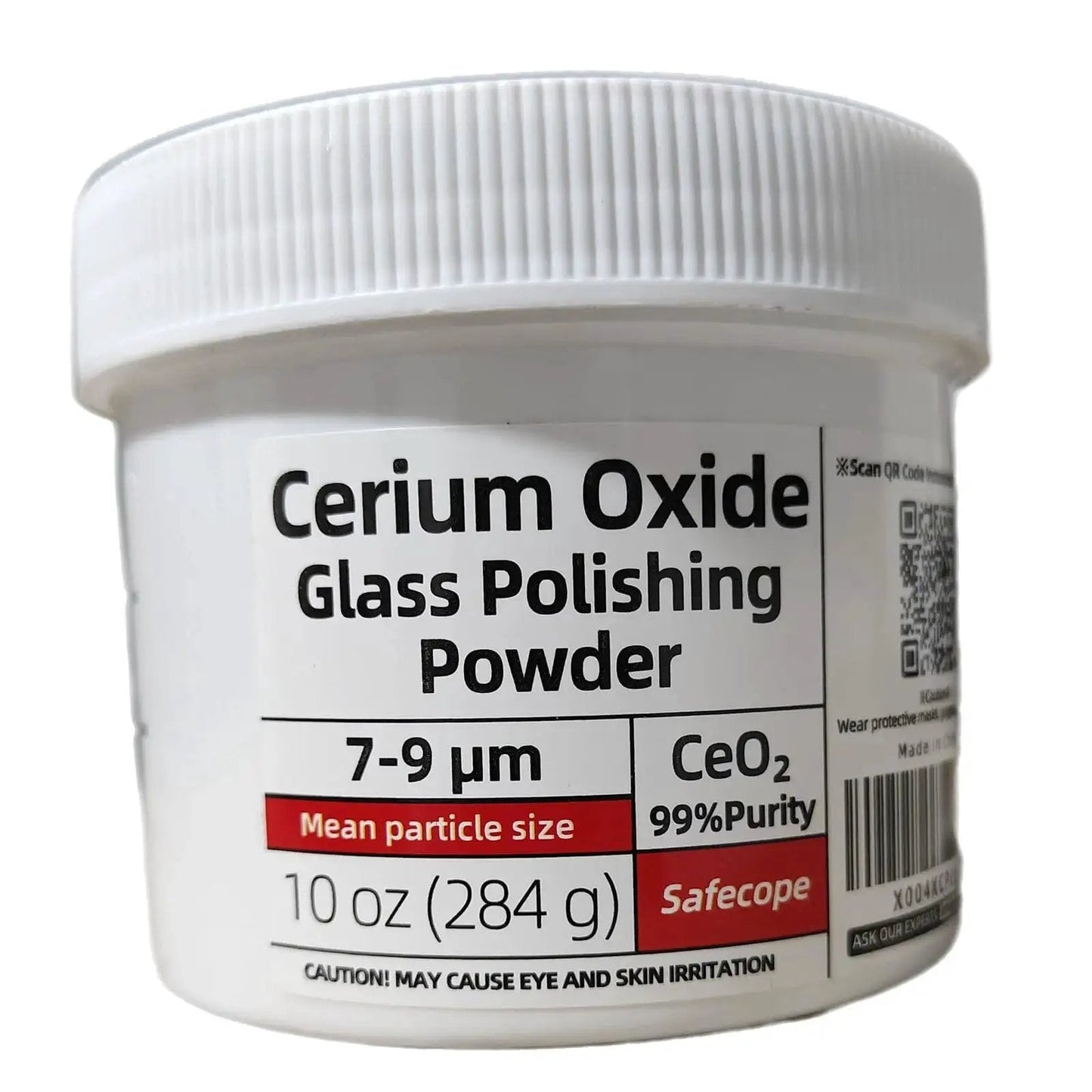 High-purity cerium oxide glass polishing powder, 99% purity with 7-9µm particles, 10 oz container, front view