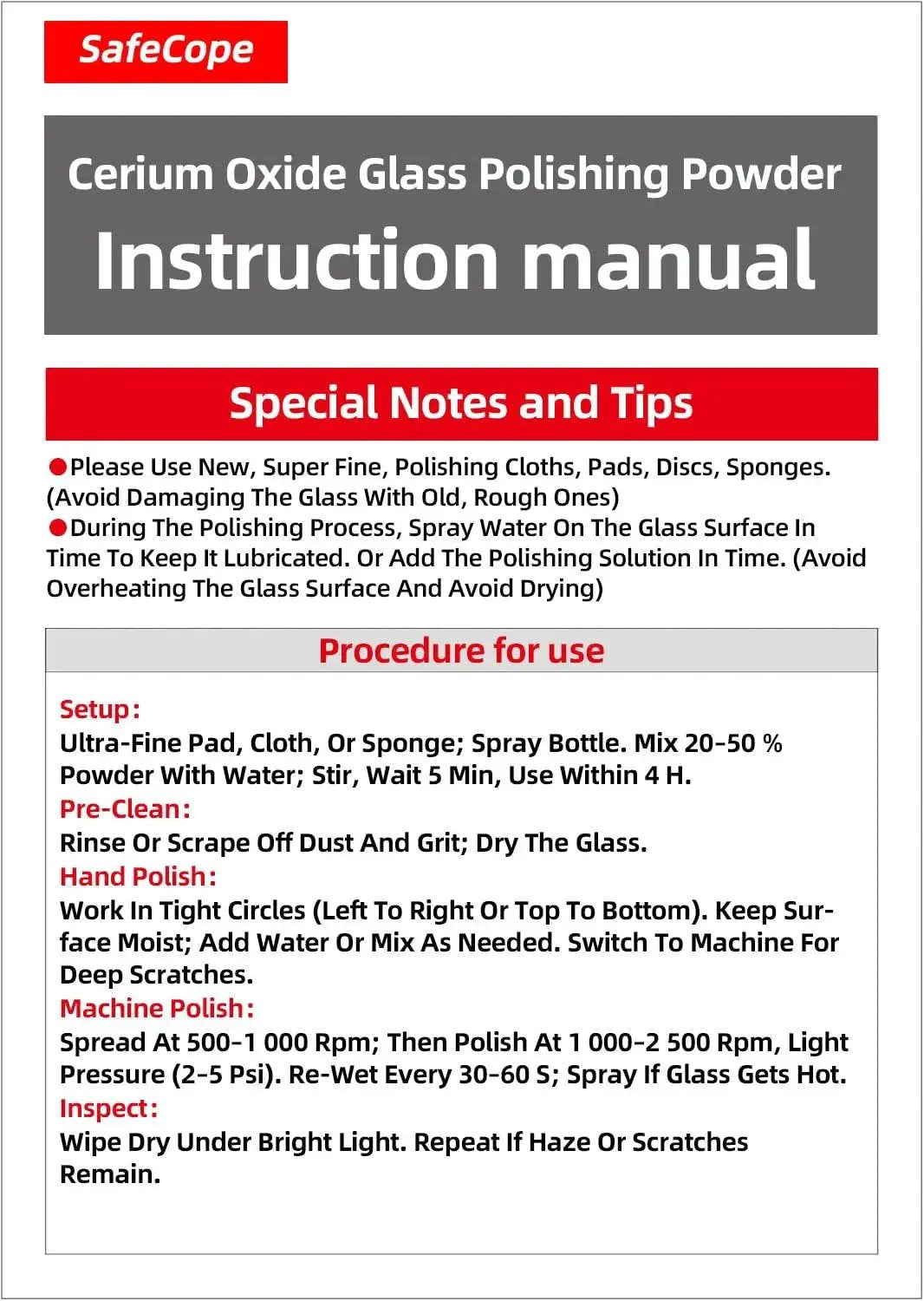 Instruction manual for high-purity cerium oxide glass polishing powder, detailing procedure for use and special notes.
