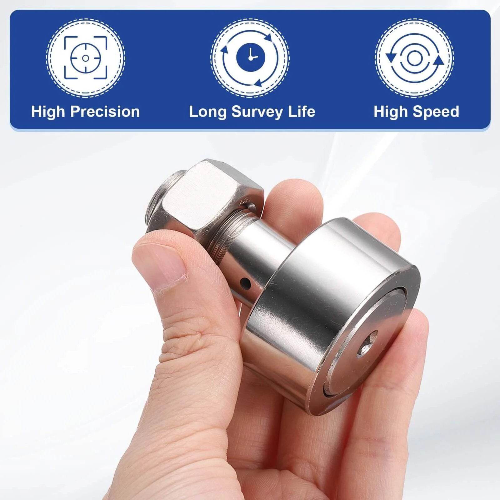 Hand holding uxcell CF18/KR40 X Cam Follower Track Runner Bearing, 304 Stainless Steel Needle Roller, highlighting precision features.