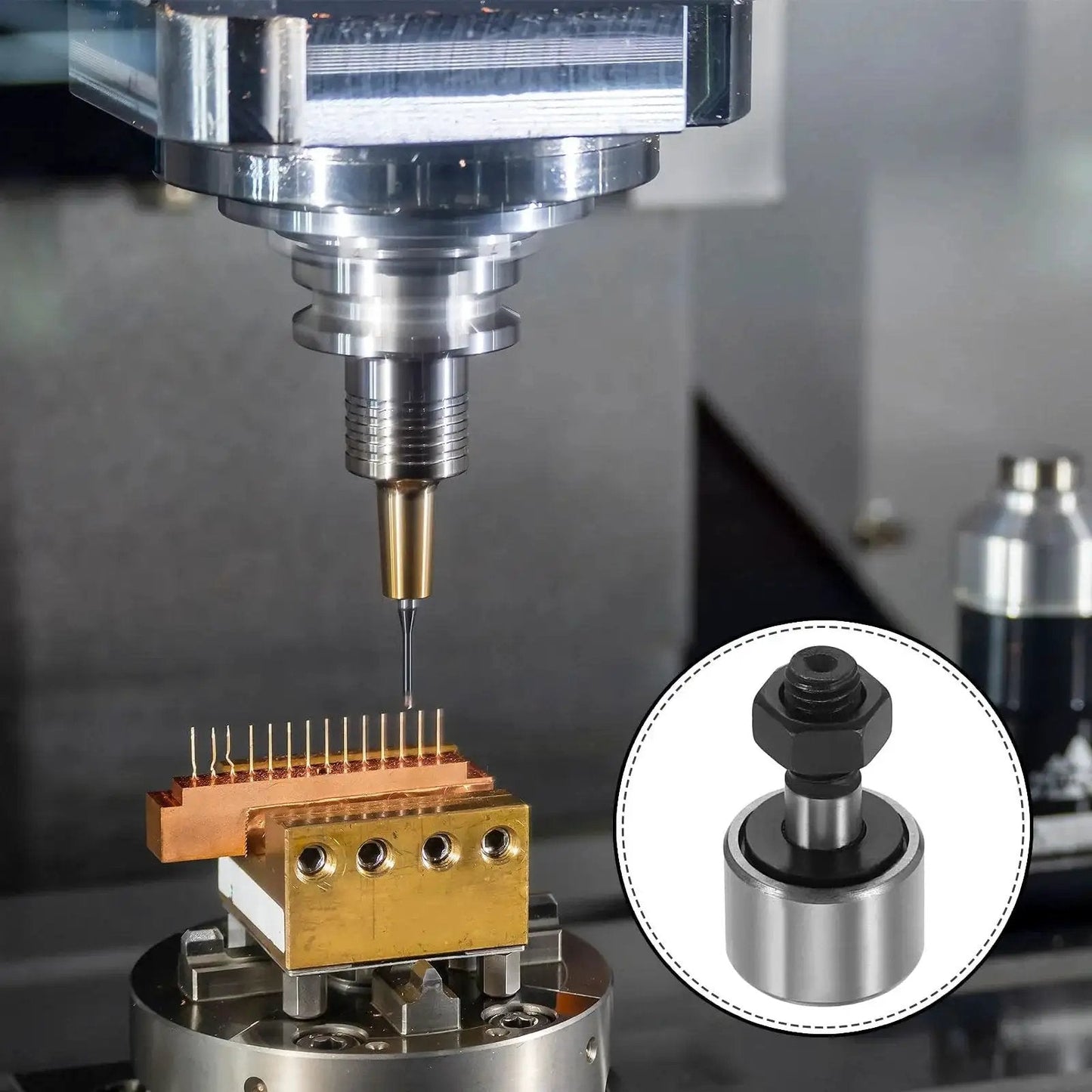 Durable 4 Pack CF5 KR13 Needle Roller Bearings With 13mm Roller Diameter And 10mm Width For Bolt Type Track Runner Guide Rails Used In 12D Printer Machinery Tools M5 X 0.8 Thread 7.5mm Length, 23mm Overall Length, GCr15 Steel Cage PATIKIL next to CNC machine setup.