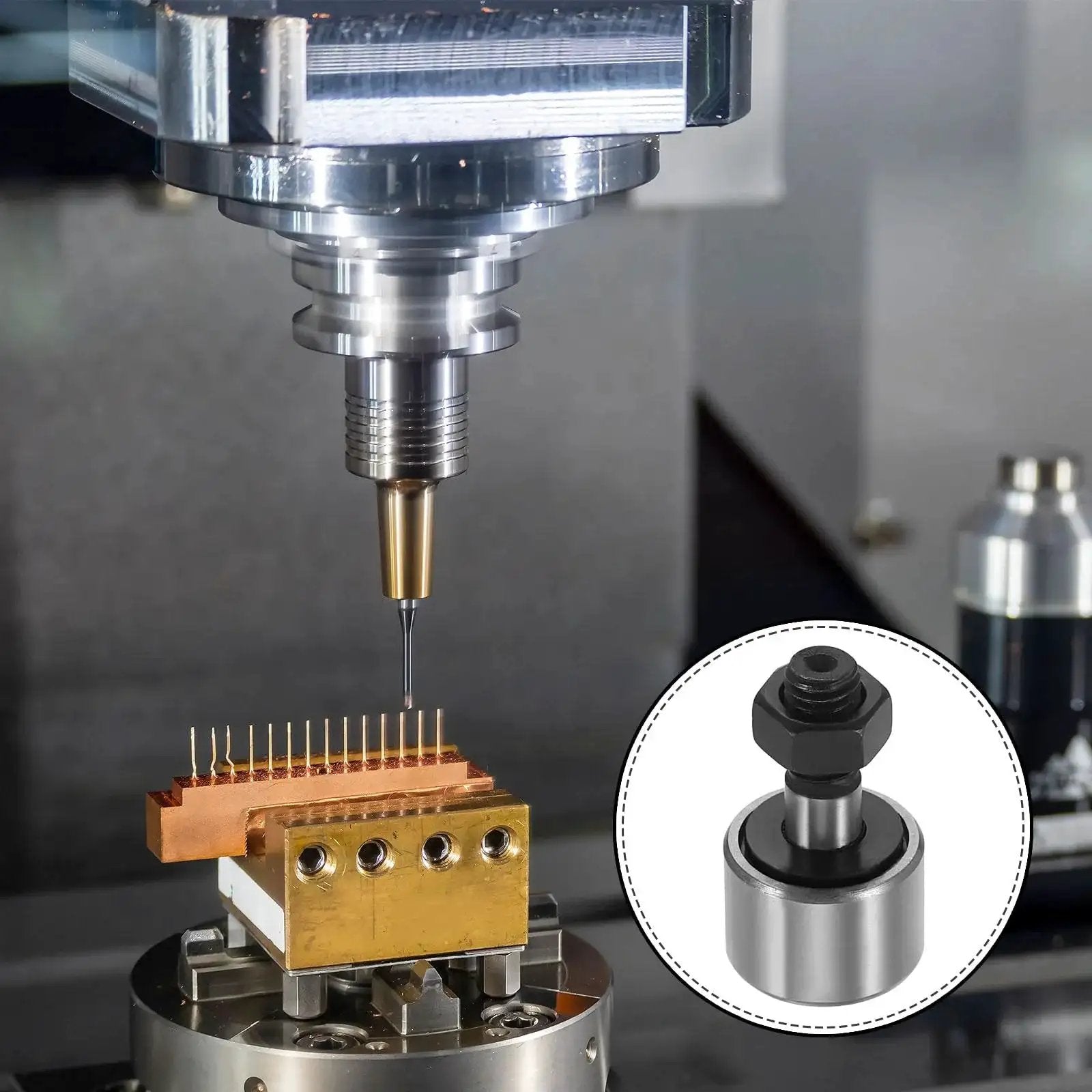 Durable 4 Pack CF5 KR13 Needle Roller Bearings With 13mm Roller Diameter And 10mm Width For Bolt Type Track Runner Guide Rails Used In 12D Printer Machinery Tools M5 X 0.8 Thread 7.5mm Length, 23mm Overall Length, GCr15 Steel Cage PATIKIL next to CNC machine setup.