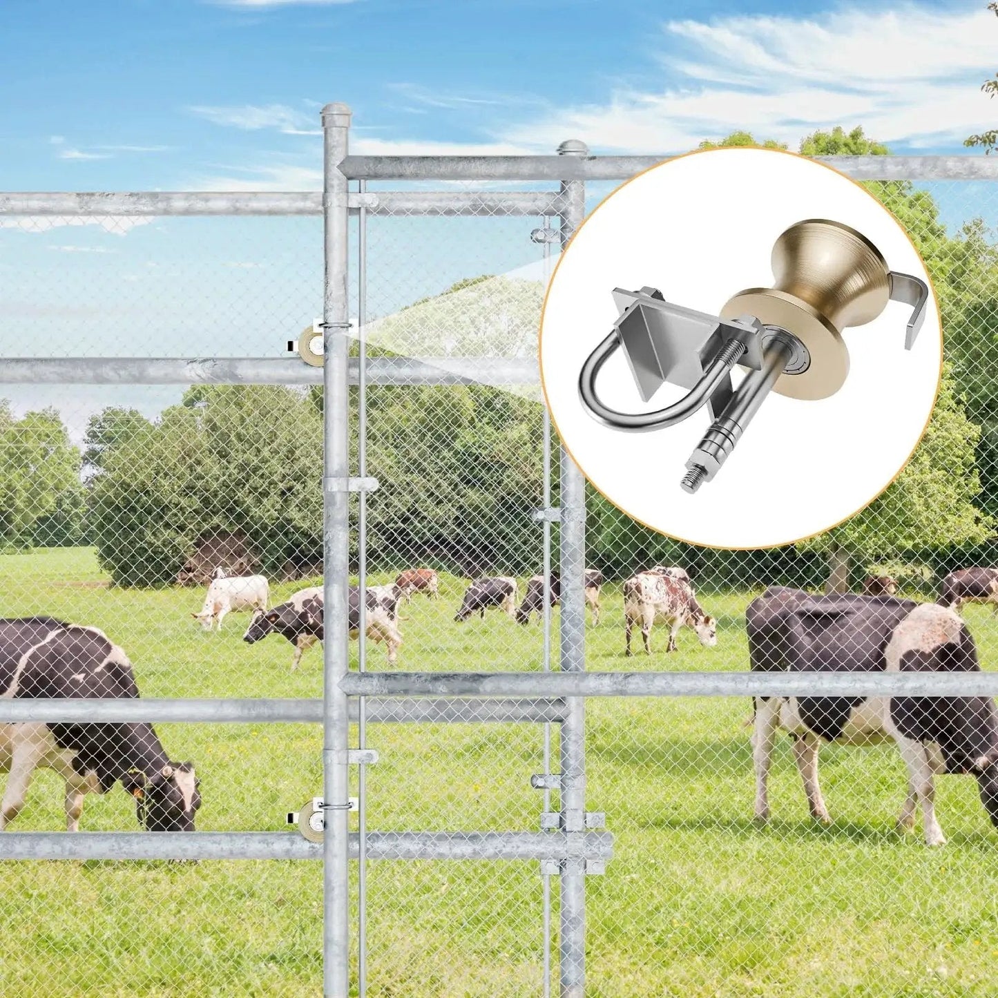 Rear Pipe Track Wheels For Chain Link Sliding Gates Fit Two Inch Gate Frames And One Seven Eighths Inch Track Pipes Durable Galvanized Steel Construction For Rust Resistance And Smooth Stable Gate Movement One Pack in farm setting with cows behind gate.