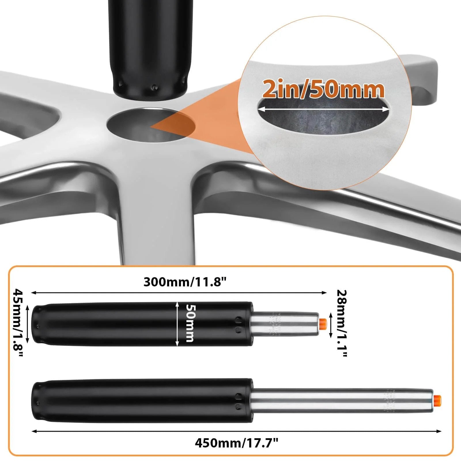 Chair base showing gas lift dimensions 2in/50mm, with detailed measurements for 1.8in and 1.1in sections