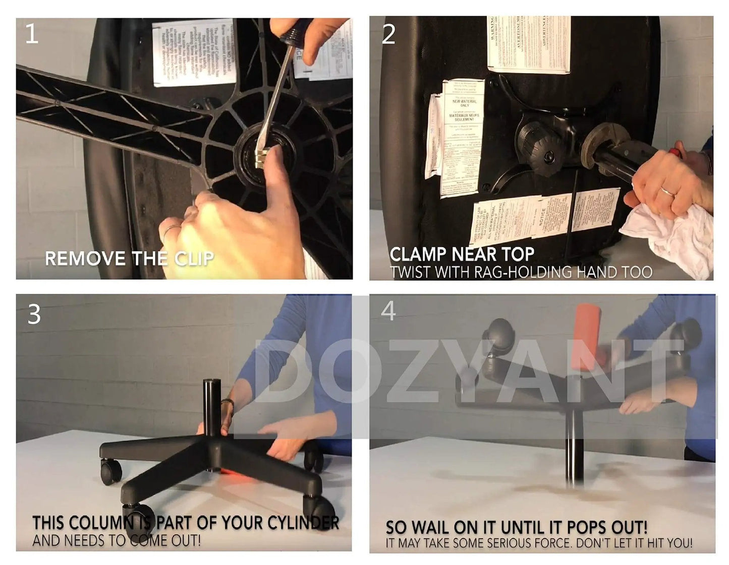 Steps to install a 6 Inch Long Stroke Office Chair Gas Lift Cylinder Replacement, showing removal and setup on chair base.