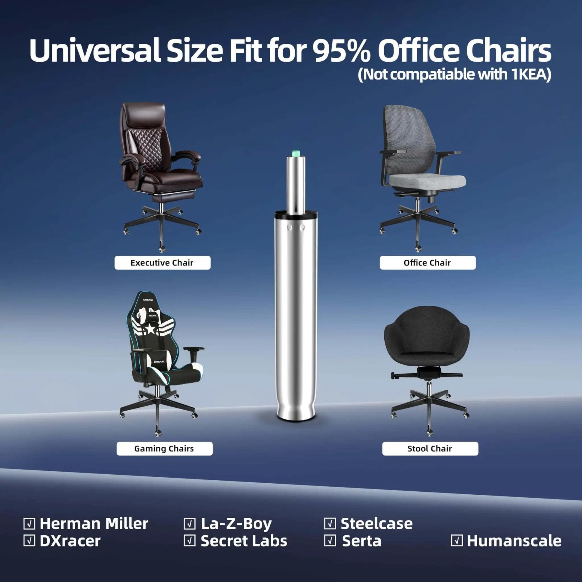 Gas Lift Cylinder Replacement For Office Chairs, 4 Inch Travel, Heavy Duty Class 4 Polished Steel, 450 Lb Capacity, shown with chair options