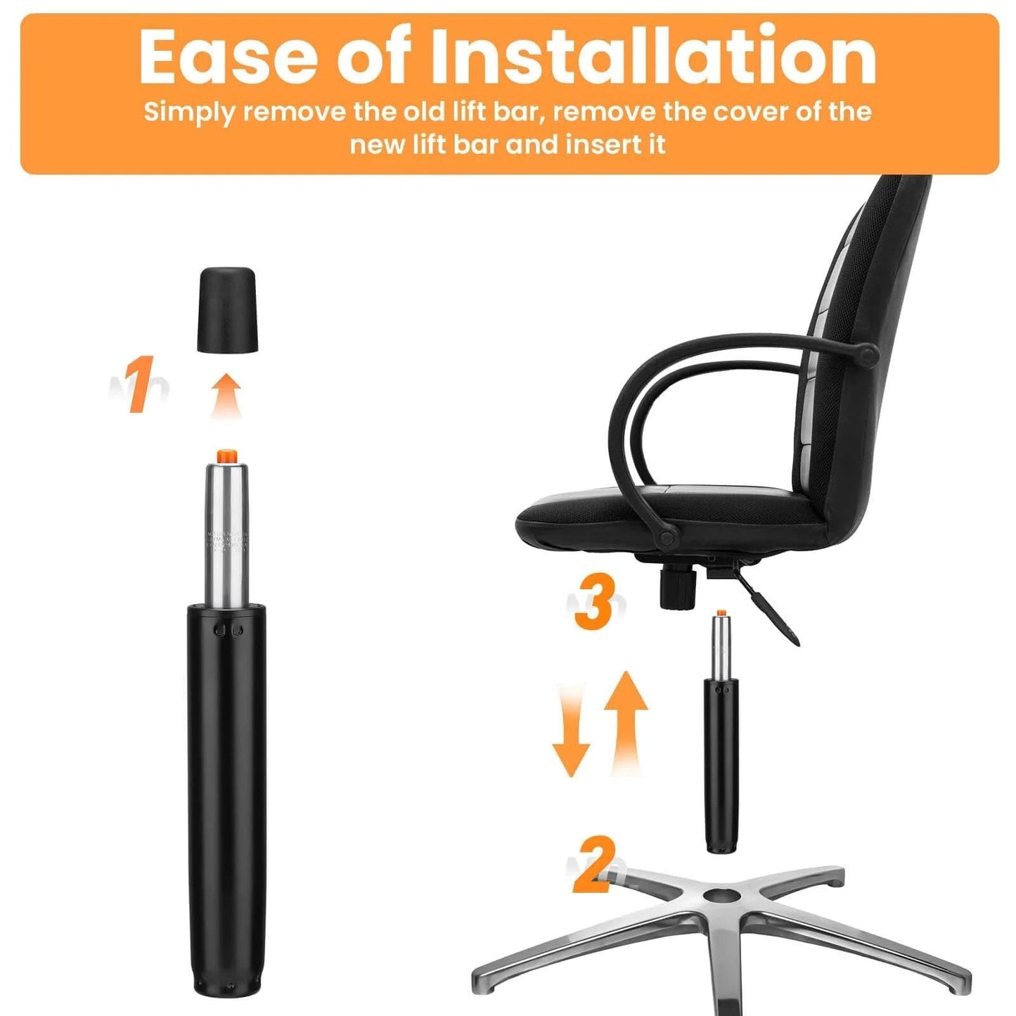 Chair gas lift replacement installation guide showing steps to replace the old lift bar and install on a swivel chair