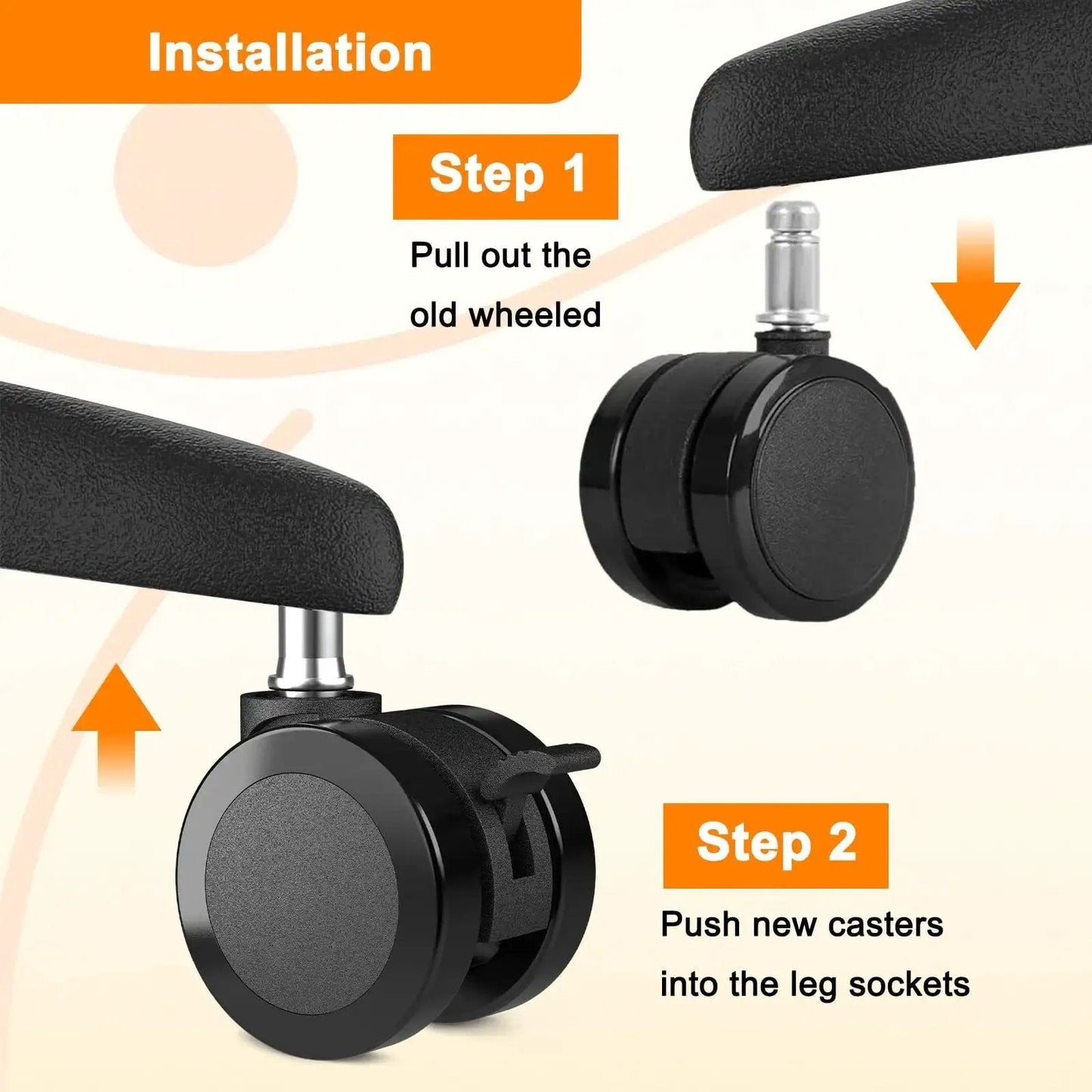 Installation guide showing steps to replace old wheel with 2 Inch Office Chair Wheels With Brakes For Soft Floors And Carpet.