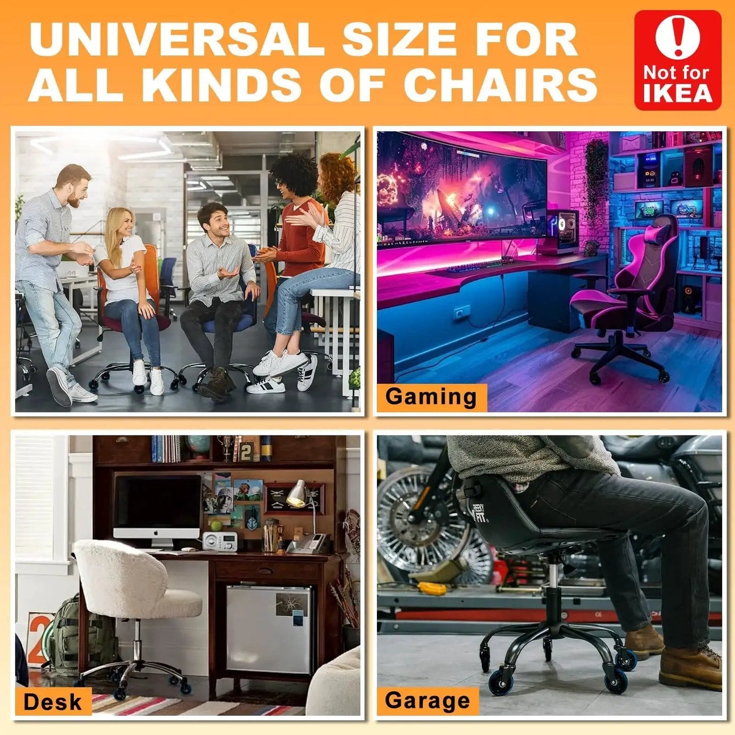 Office Chair Wheels Replacement Set Of Five 3 Inch Soft Non Marking Polyurethane Casters For All Floors Including Hardwood And Carpet Delivers Smooth Quiet Glide For Desk Chairs Blue, shown in various settings such as desk and gaming areas.