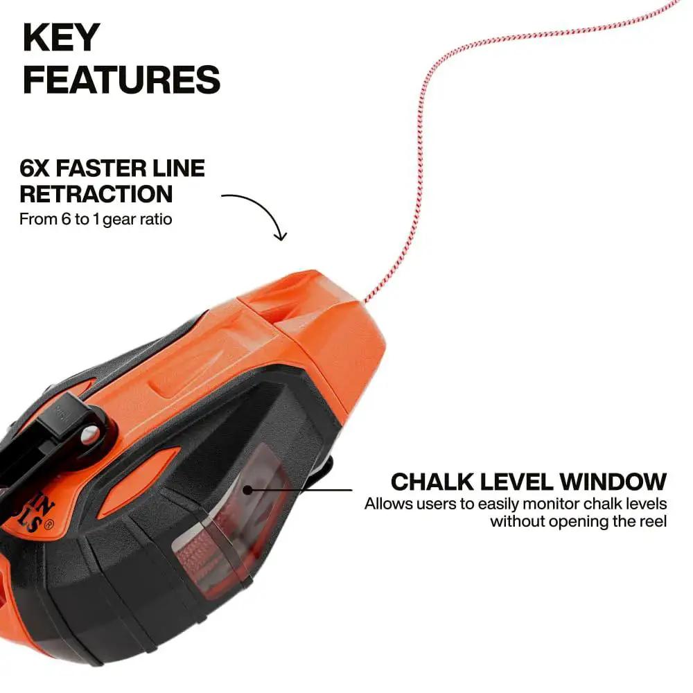 Chalk Reel CHLK100S 100 Foot Model With 6 To 1 Gear Ratio, Quick Release Spool Clutch, Chalk Level Window, and Twist Lock Top