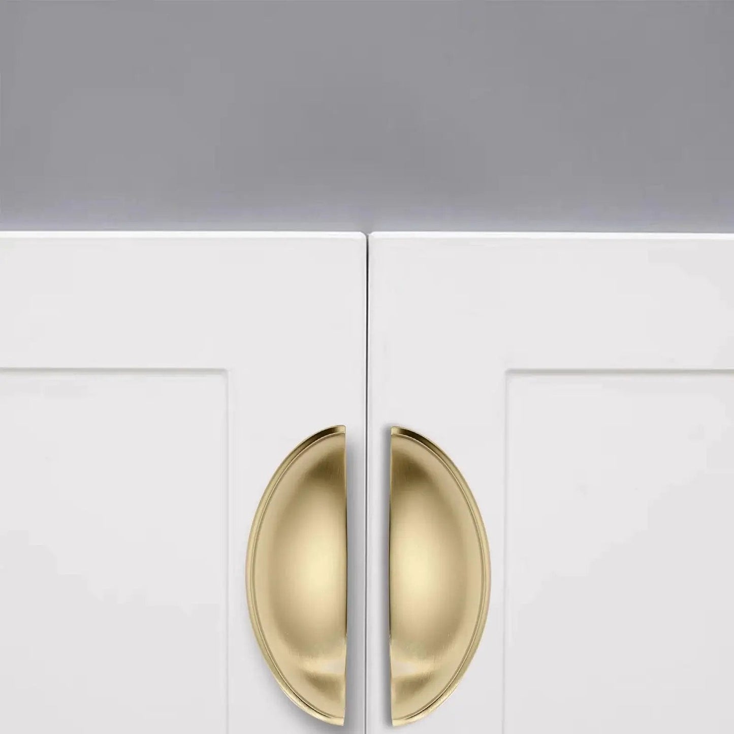 10 Pack 3 Inch Champagne Bronze Cup Drawer Pulls For Cabinets And Furniture Durable Solid Metal Kitchen Hardware installed on white cabinets